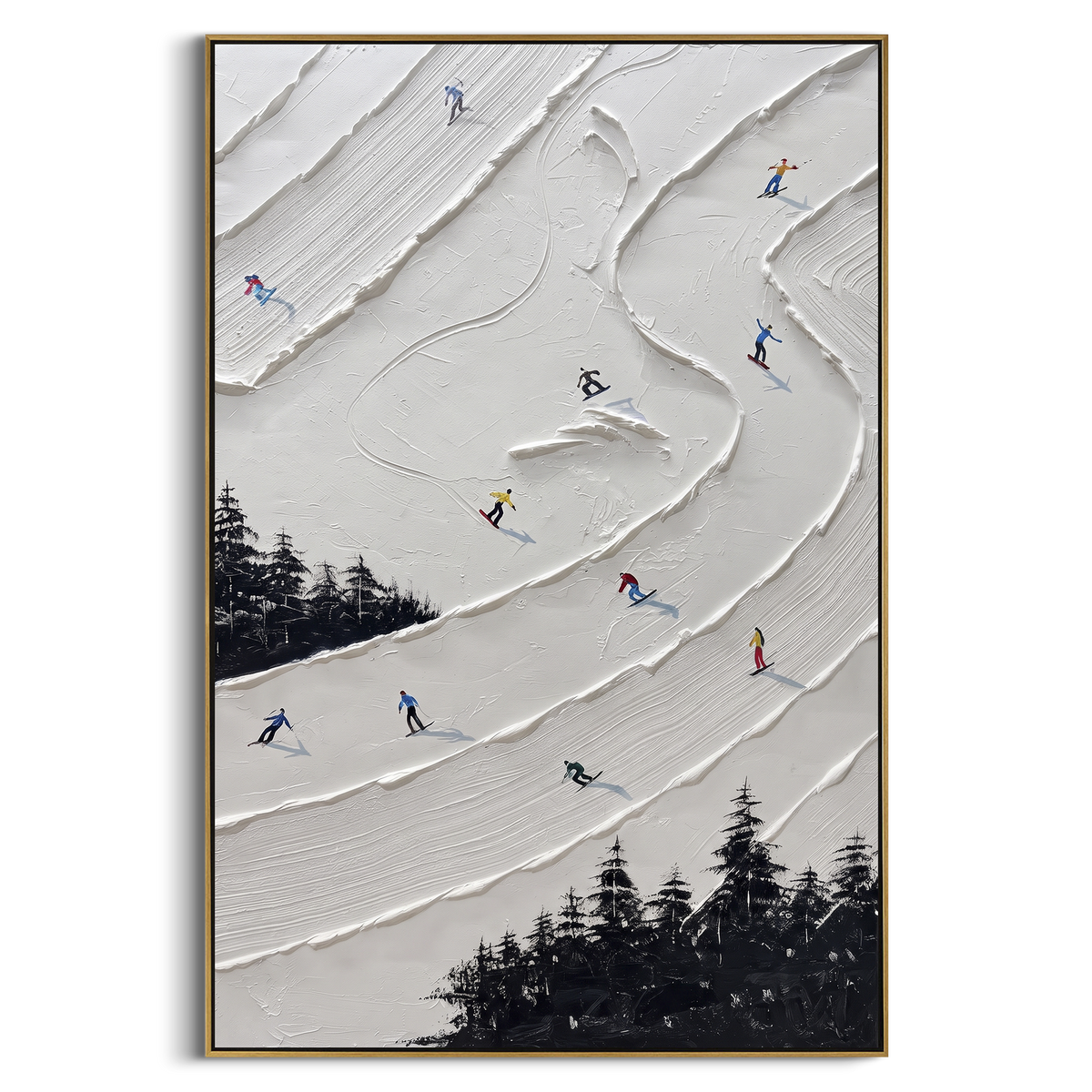 Alpine Powder Path focuses on a forest-framed ski descent with clustered pines and winding carved tracks. The artwork shows a winter ski scene built from the actual image: visible downhill figures, curved snow tracks, raised ridgelines, and alpine space arranged in a tall composition. The white, beige, blue palette gives the piece a cold mountain atmosphere while the thick impasto surface creates shadows along each snowbank, ski line, and textured ridge. This is presented as hand-painted