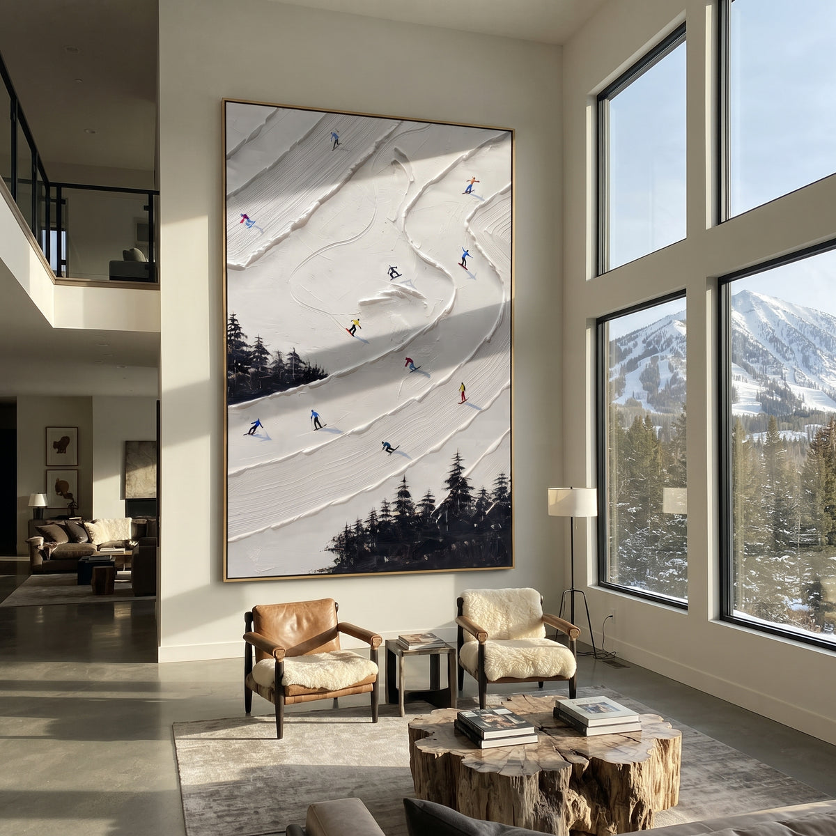 Alpine Powder Path focuses on a forest-framed ski descent with clustered pines and winding carved tracks. The artwork shows a winter ski scene built from the actual image: visible downhill figures, curved snow tracks, raised ridgelines, and alpine space arranged in a tall composition. The white, beige, blue palette gives the piece a cold mountain atmosphere while the thick impasto surface creates shadows along each snowbank, ski line, and textured ridge. This is presented as hand-painted