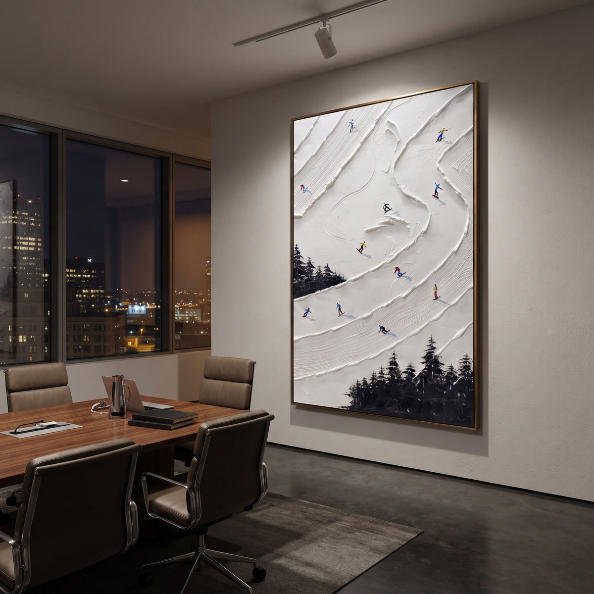 Alpine Powder Path focuses on a forest-framed ski descent with clustered pines and winding carved tracks. The artwork shows a winter ski scene built from the actual image: visible downhill figures, curved snow tracks, raised ridgelines, and alpine space arranged in a tall composition. The white, beige, blue palette gives the piece a cold mountain atmosphere while the thick impasto surface creates shadows along each snowbank, ski line, and textured ridge. This is presented as hand-painted