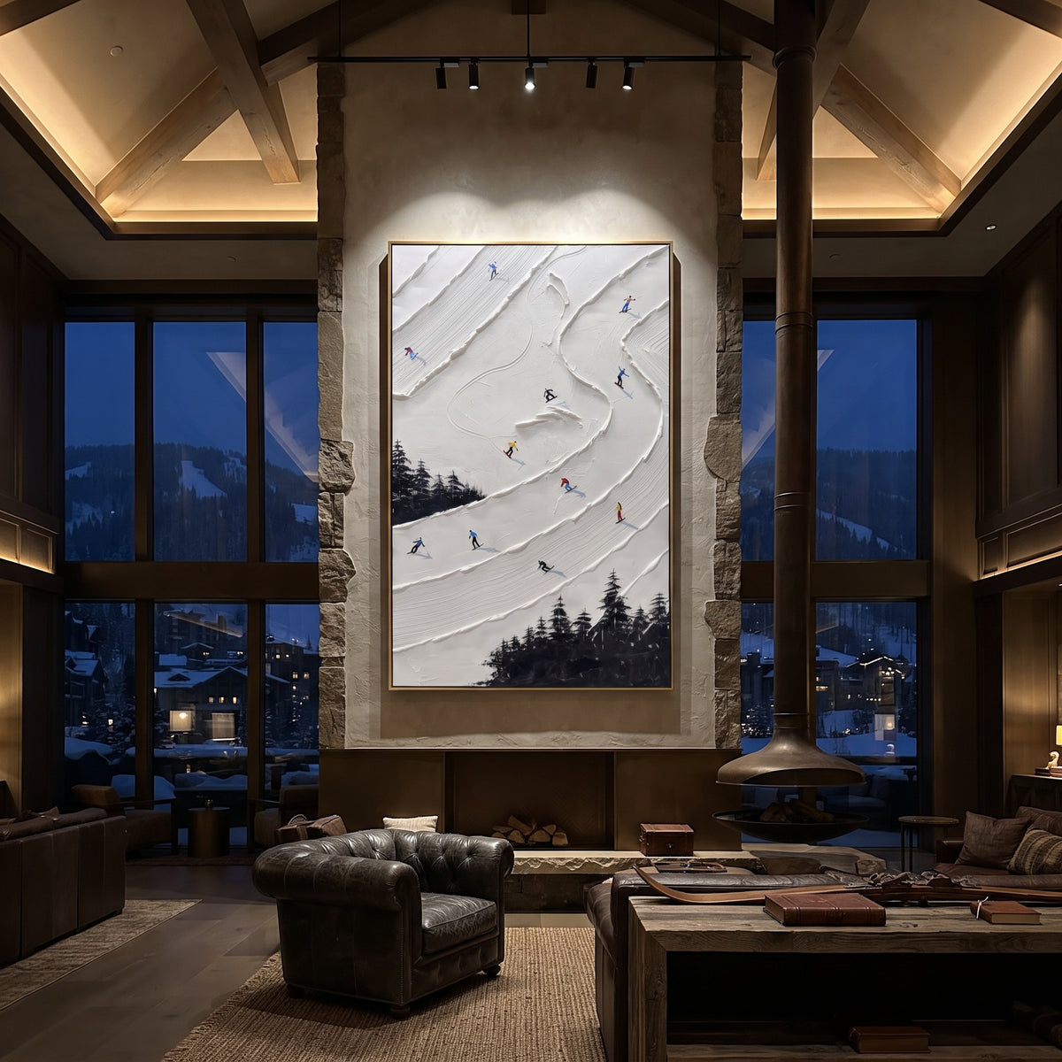 Alpine Powder Path focuses on a forest-framed ski descent with clustered pines and winding carved tracks. The artwork shows a winter ski scene built from the actual image: visible downhill figures, curved snow tracks, raised ridgelines, and alpine space arranged in a tall composition. The white, beige, blue palette gives the piece a cold mountain atmosphere while the thick impasto surface creates shadows along each snowbank, ski line, and textured ridge. This is presented as hand-painted