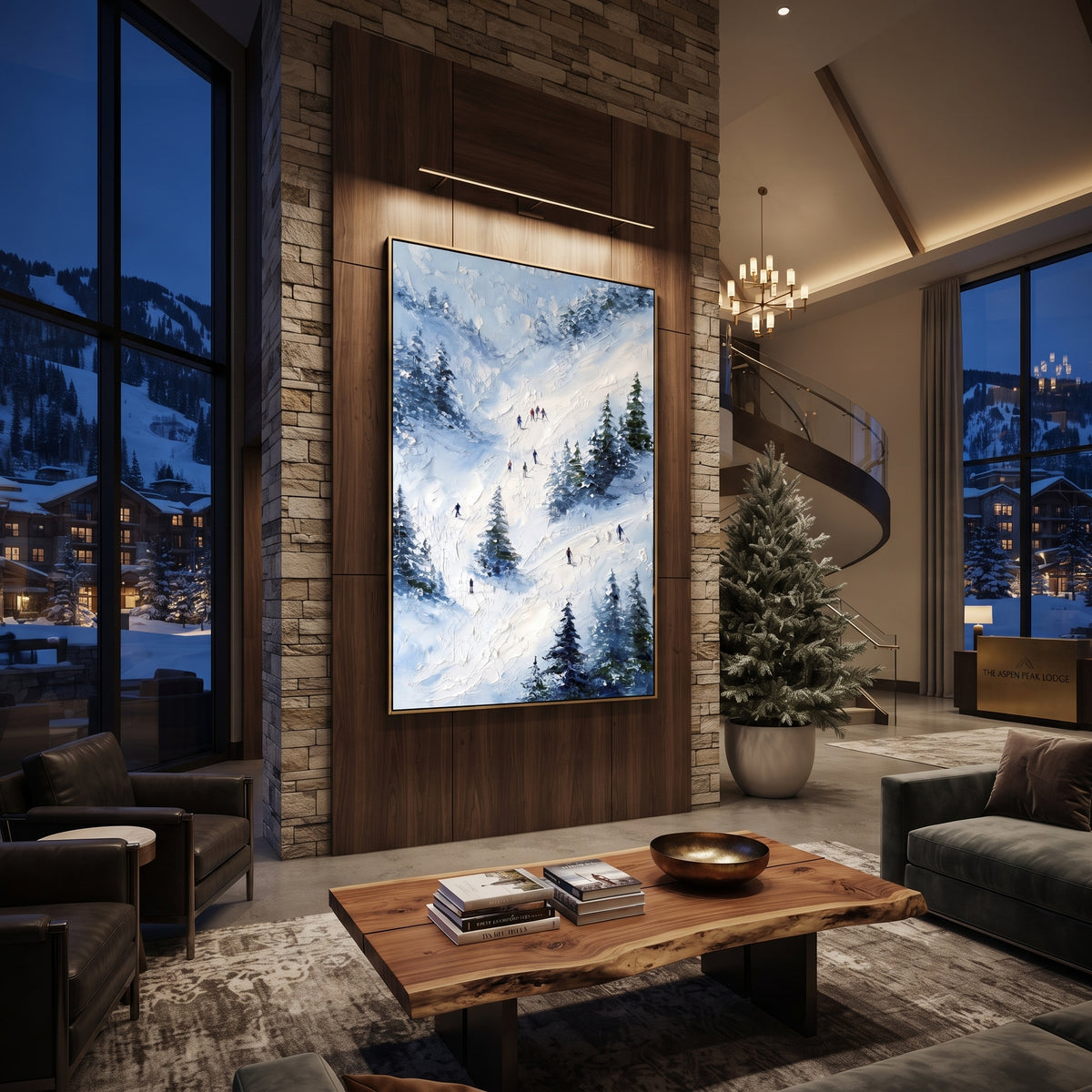 Powder Ski Valley focuses on a calm mountain basin with crisp tracks, snow shelves, and small skiers. The artwork shows a winter ski scene built from the actual image: visible downhill figures, curved snow tracks, raised ridgelines, and alpine space arranged in a tall composition. The blue, white, orange palette gives the piece a cold mountain atmosphere while the thick impasto surface creates shadows along each snowbank, ski line, and textured ridge. This is presented as hand-painted textured