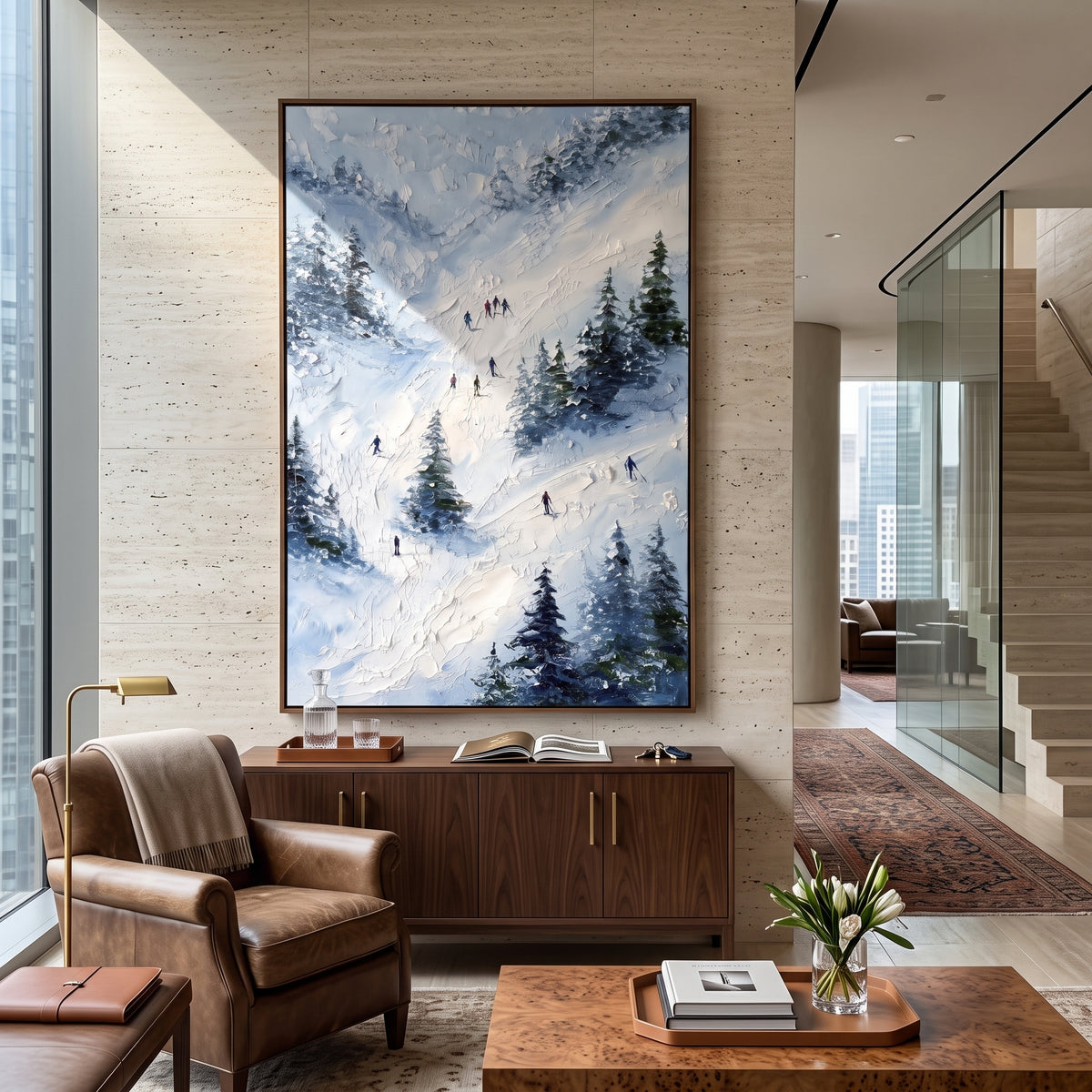 Powder Ski Valley focuses on a calm mountain basin with crisp tracks, snow shelves, and small skiers. The artwork shows a winter ski scene built from the actual image: visible downhill figures, curved snow tracks, raised ridgelines, and alpine space arranged in a tall composition. The blue, white, orange palette gives the piece a cold mountain atmosphere while the thick impasto surface creates shadows along each snowbank, ski line, and textured ridge. This is presented as hand-painted textured