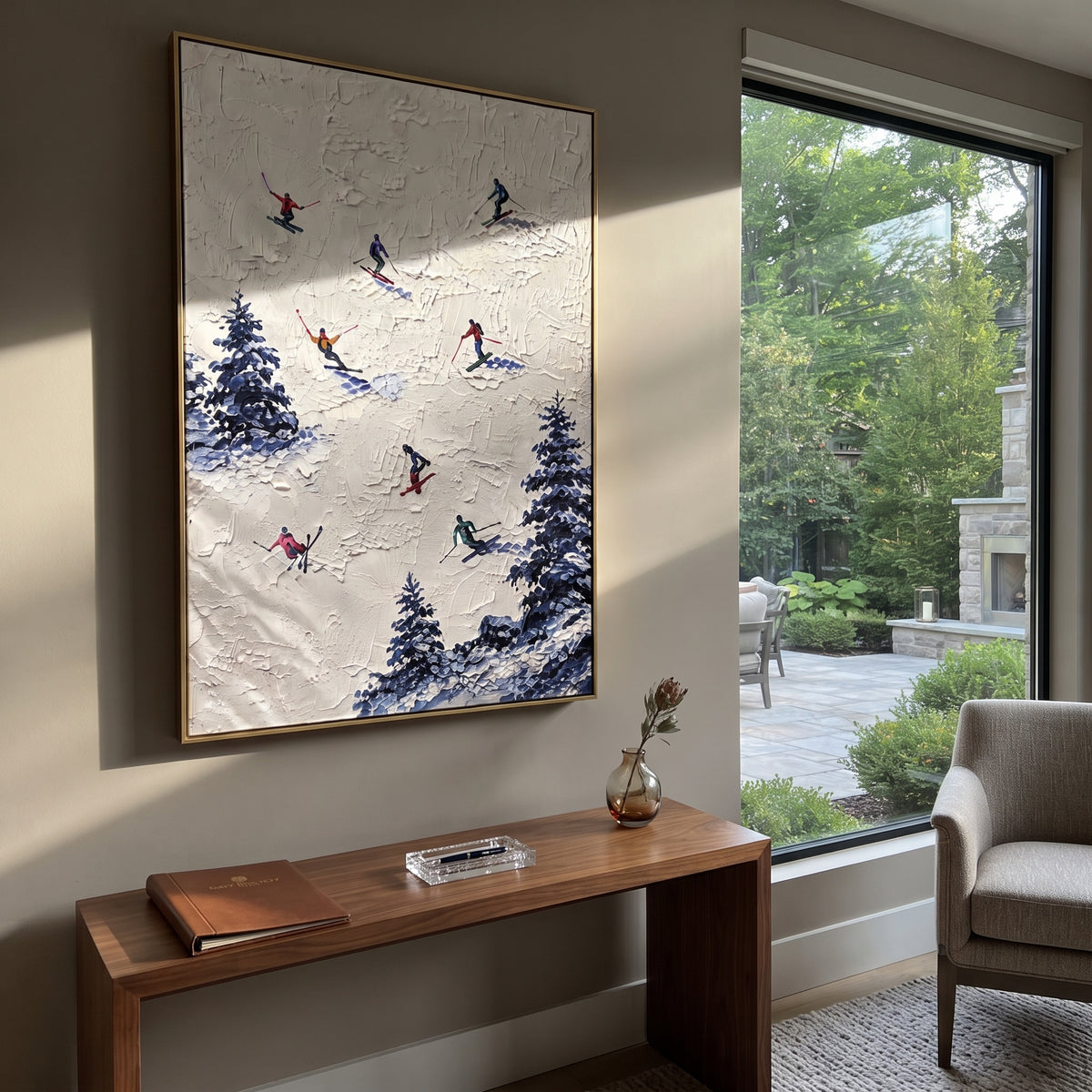 Snowfield Skiers With Blue Tracks focuses on colored skiers crossing raised white snow tracks between dark pine edges. The artwork shows a winter ski scene built from the actual image: visible downhill figures, curved snow tracks, raised ridgelines, and alpine space arranged in a tall composition. The white, blue, gray palette gives the piece a cold mountain atmosphere while the thick impasto surface creates shadows along each snowbank, ski line, and textured ridge. This is presented as
