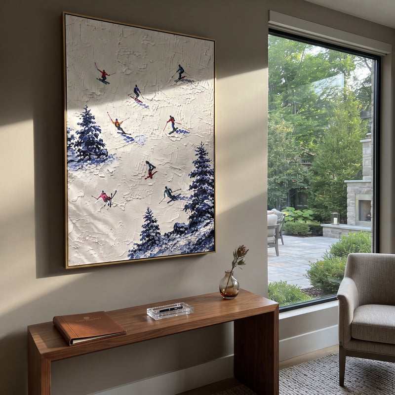 "Snowfield Skiers With Blue Tracks" - Modern Heavy Impasto Landscape Artwork | White & Blue Palette Knife Painting | Luxury Vertical Wall Art #PT 2466