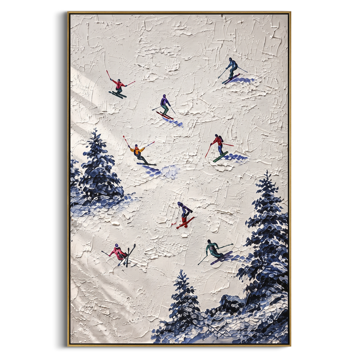 Snowfield Skiers With Blue Tracks focuses on colored skiers crossing raised white snow tracks between dark pine edges. The artwork shows a winter ski scene built from the actual image: visible downhill figures, curved snow tracks, raised ridgelines, and alpine space arranged in a tall composition. The white, blue, gray palette gives the piece a cold mountain atmosphere while the thick impasto surface creates shadows along each snowbank, ski line, and textured ridge. This is presented as