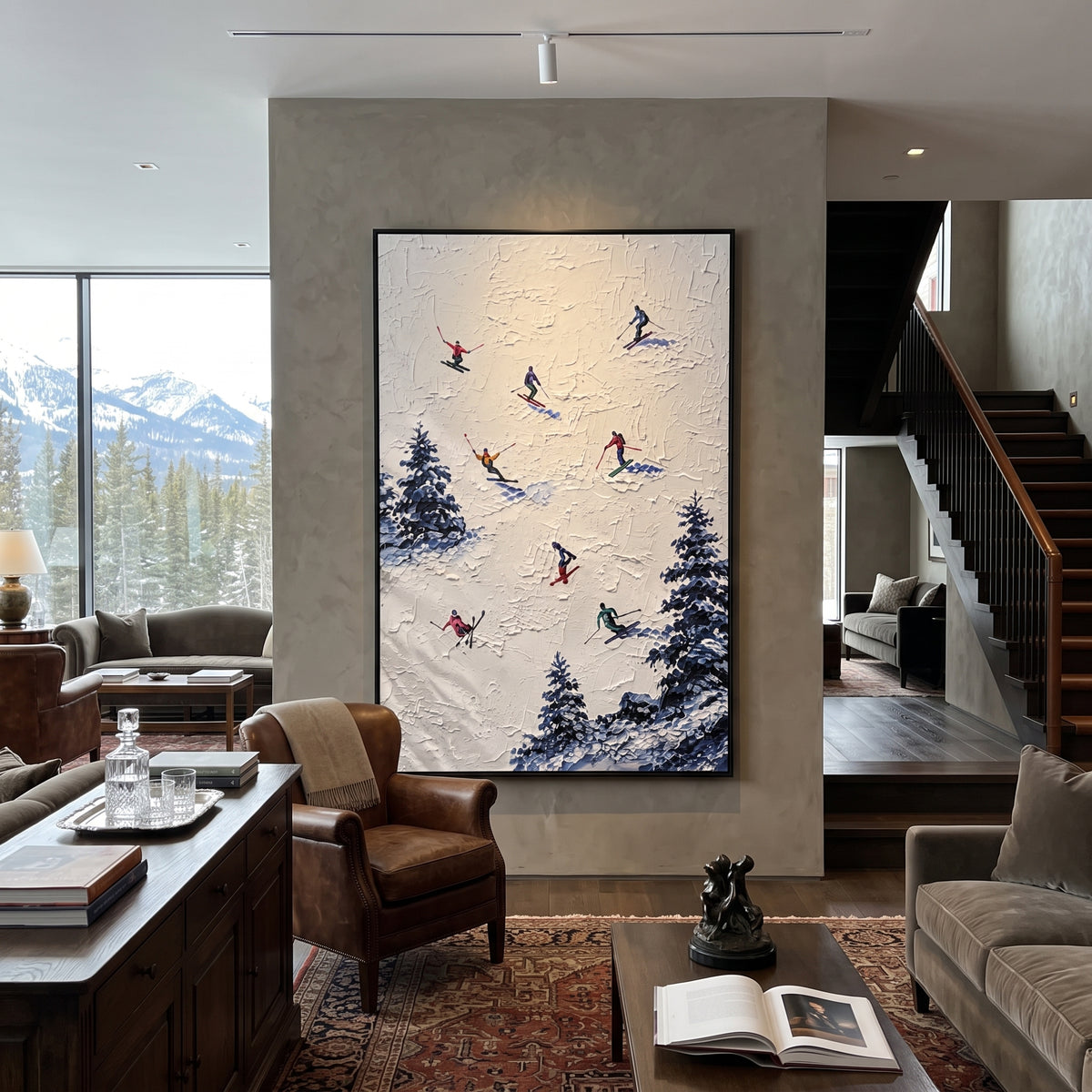 Snowfield Skiers With Blue Tracks focuses on colored skiers crossing raised white snow tracks between dark pine edges. The artwork shows a winter ski scene built from the actual image: visible downhill figures, curved snow tracks, raised ridgelines, and alpine space arranged in a tall composition. The white, blue, gray palette gives the piece a cold mountain atmosphere while the thick impasto surface creates shadows along each snowbank, ski line, and textured ridge. This is presented as