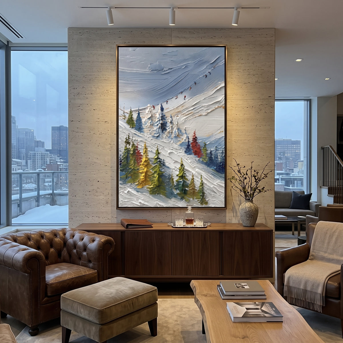 Colored Pine Ski Trail focuses on a diagonal snow trail bordered by yellow, green, and red pines. The artwork shows a winter ski scene built from the actual image: visible downhill figures, curved snow tracks, raised ridgelines, and alpine space arranged in a tall composition. The green, blue, white palette gives the piece a cold mountain atmosphere while the thick impasto surface creates shadows along each snowbank, ski line, and textured ridge. This is presented as hand-painted textured canvas