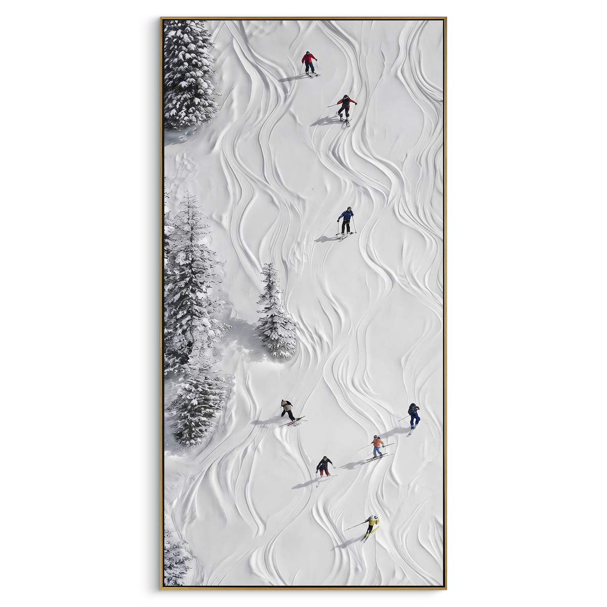 Summit Alpine Descent focuses on a forest-framed ski descent with clustered pines and winding carved tracks. The artwork shows a winter ski scene built from the actual image: visible downhill figures, curved snow tracks, raised ridgelines, and alpine space arranged in a tall composition. The white, green, blue palette gives the piece a cold mountain atmosphere while the thick impasto surface creates shadows along each snowbank, ski line, and textured ridge. This is presented as hand-painted