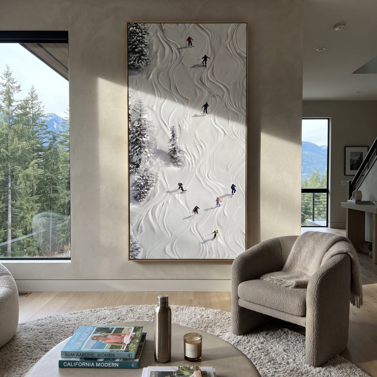 Summit Alpine Descent focuses on a forest-framed ski descent with clustered pines and winding carved tracks. The artwork shows a winter ski scene built from the actual image: visible downhill figures, curved snow tracks, raised ridgelines, and alpine space arranged in a tall composition. The white, green, blue palette gives the piece a cold mountain atmosphere while the thick impasto surface creates shadows along each snowbank, ski line, and textured ridge. This is presented as hand-painted