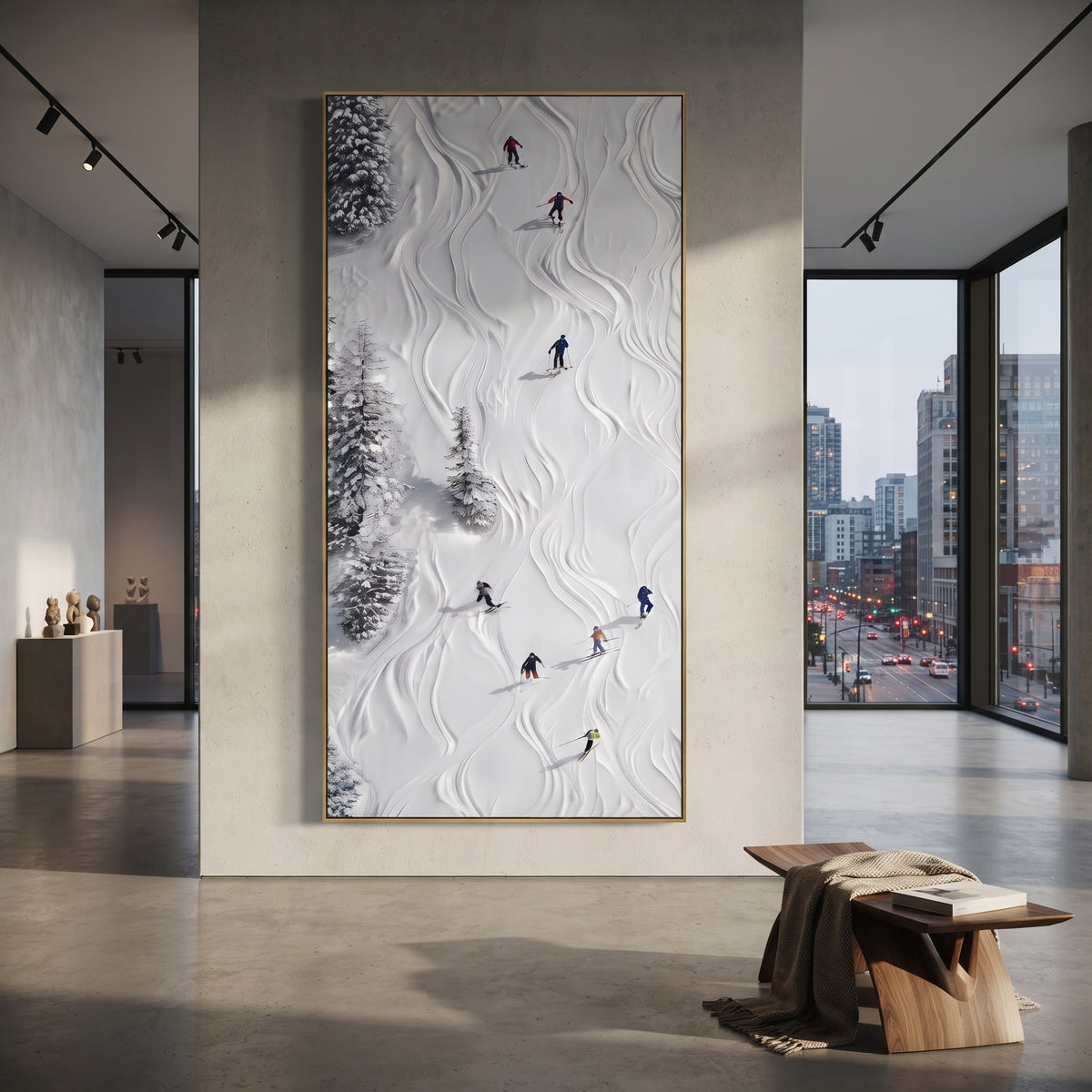 Summit Alpine Descent focuses on a forest-framed ski descent with clustered pines and winding carved tracks. The artwork shows a winter ski scene built from the actual image: visible downhill figures, curved snow tracks, raised ridgelines, and alpine space arranged in a tall composition. The white, green, blue palette gives the piece a cold mountain atmosphere while the thick impasto surface creates shadows along each snowbank, ski line, and textured ridge. This is presented as hand-painted