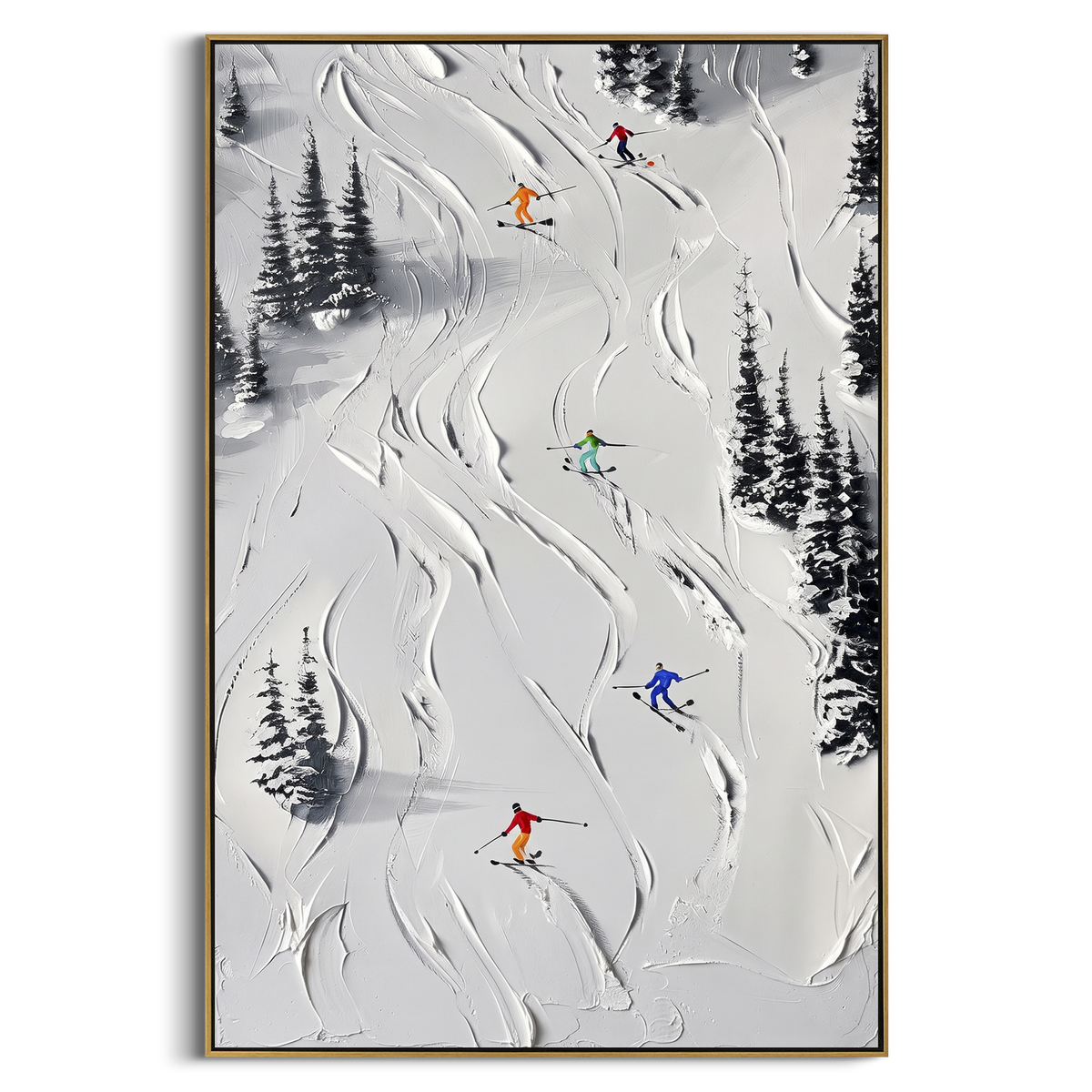 Pine Texture Run focuses on a calm mountain basin with crisp tracks, snow shelves, and small skiers. The artwork shows a winter ski scene built from the actual image: visible downhill figures, curved snow tracks, raised ridgelines, and alpine space arranged in a tall composition. The white, black, gray palette gives the piece a cold mountain atmosphere while the thick impasto surface creates shadows along each snowbank, ski line, and textured ridge. This is presented as hand-painted textured