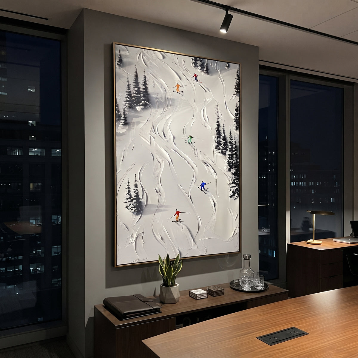 Pine Texture Run focuses on a calm mountain basin with crisp tracks, snow shelves, and small skiers. The artwork shows a winter ski scene built from the actual image: visible downhill figures, curved snow tracks, raised ridgelines, and alpine space arranged in a tall composition. The white, black, gray palette gives the piece a cold mountain atmosphere while the thick impasto surface creates shadows along each snowbank, ski line, and textured ridge. This is presented as hand-painted textured