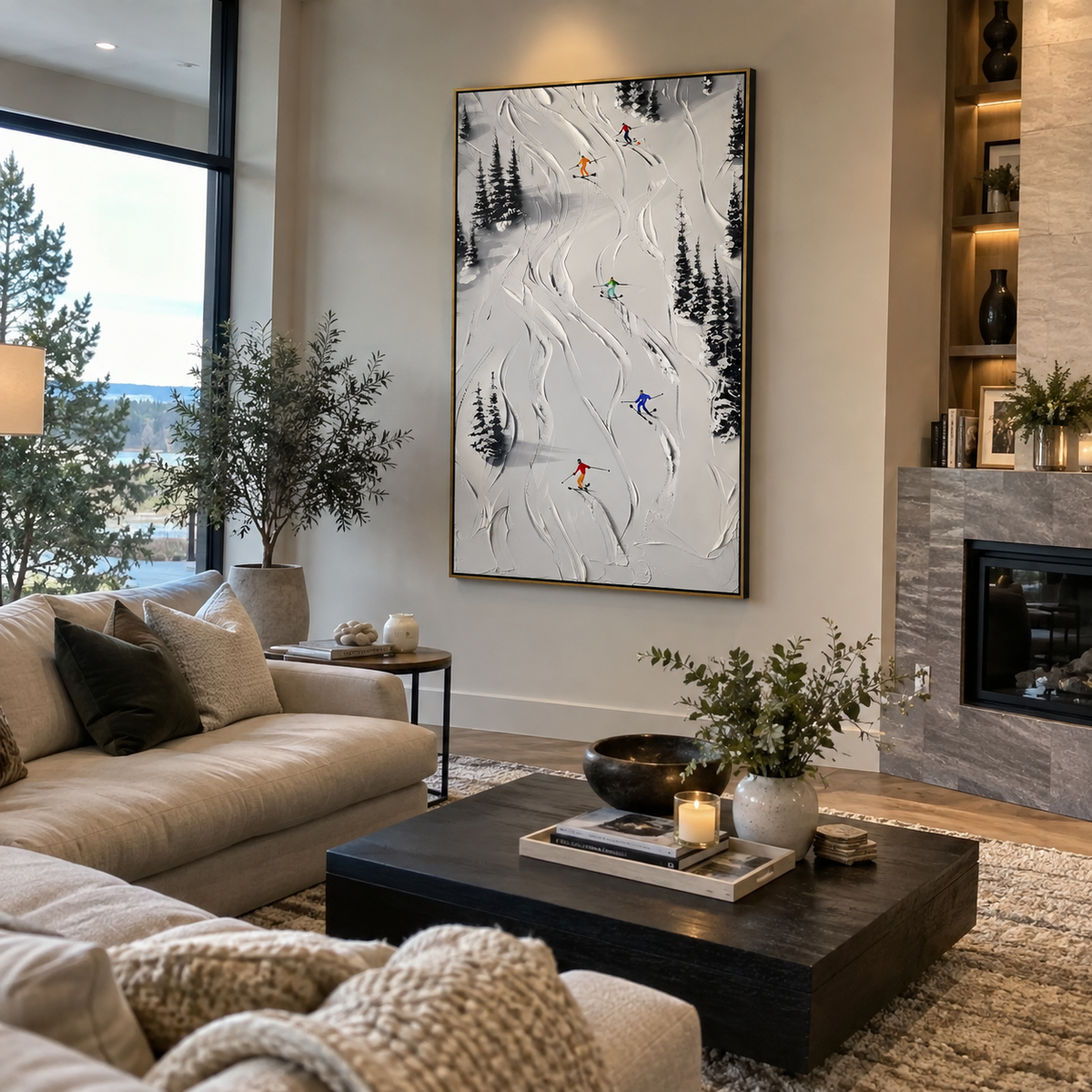 Pine Texture Run focuses on a calm mountain basin with crisp tracks, snow shelves, and small skiers. The artwork shows a winter ski scene built from the actual image: visible downhill figures, curved snow tracks, raised ridgelines, and alpine space arranged in a tall composition. The white, black, gray palette gives the piece a cold mountain atmosphere while the thick impasto surface creates shadows along each snowbank, ski line, and textured ridge. This is presented as hand-painted textured
