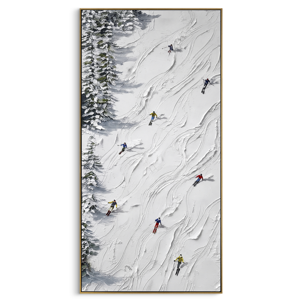 "Glacier Ridge Skiers" - Modern Heavy Impasto Landscape Artwork | White & Beige Palette Knife Painting | Luxury Vertical Wall Art #PT 2470