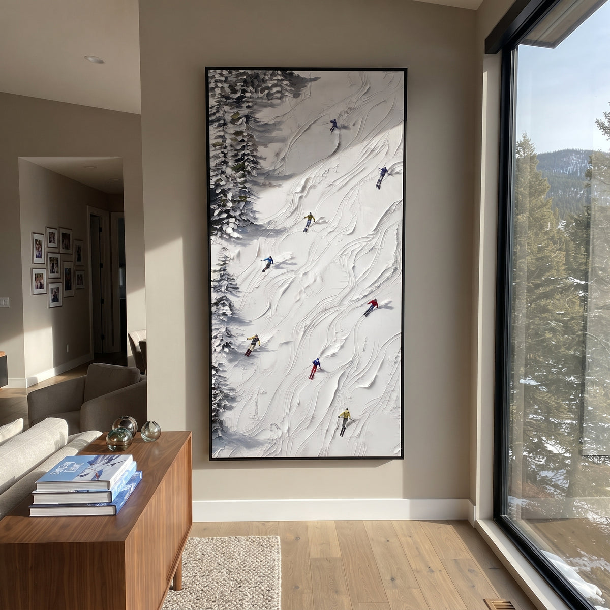 Glacier Ridge Skiers focuses on colored skiers crossing raised white snow tracks between dark pine edges. The artwork shows a winter ski scene built from the actual image: visible downhill figures, curved snow tracks, raised ridgelines, and alpine space arranged in a tall composition. The white, beige, blue palette gives the piece a cold mountain atmosphere while the thick impasto surface creates shadows along each snowbank, ski line, and textured ridge. This is presented as hand-painted