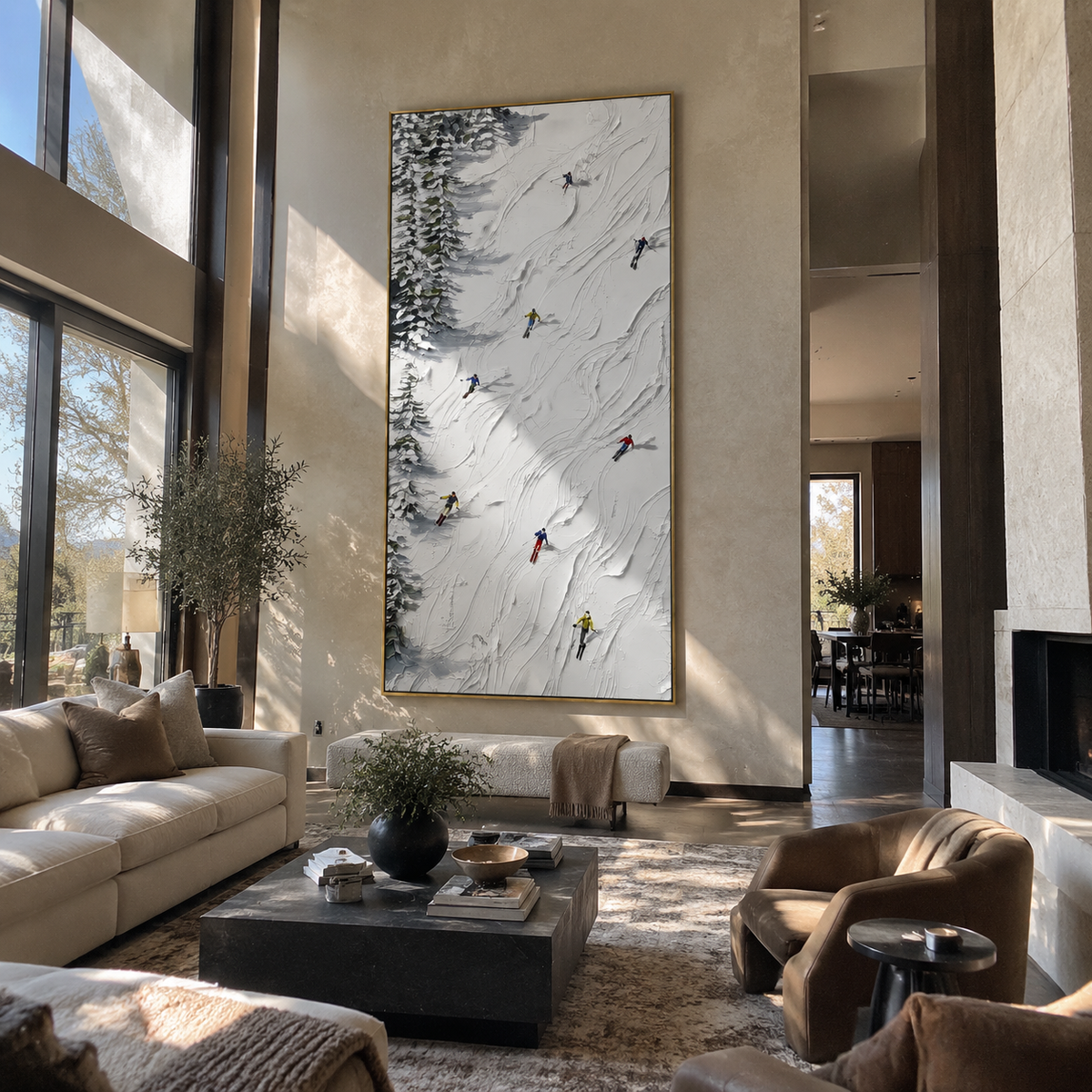 Glacier Ridge Skiers focuses on colored skiers crossing raised white snow tracks between dark pine edges. The artwork shows a winter ski scene built from the actual image: visible downhill figures, curved snow tracks, raised ridgelines, and alpine space arranged in a tall composition. The white, beige, blue palette gives the piece a cold mountain atmosphere while the thick impasto surface creates shadows along each snowbank, ski line, and textured ridge. This is presented as hand-painted