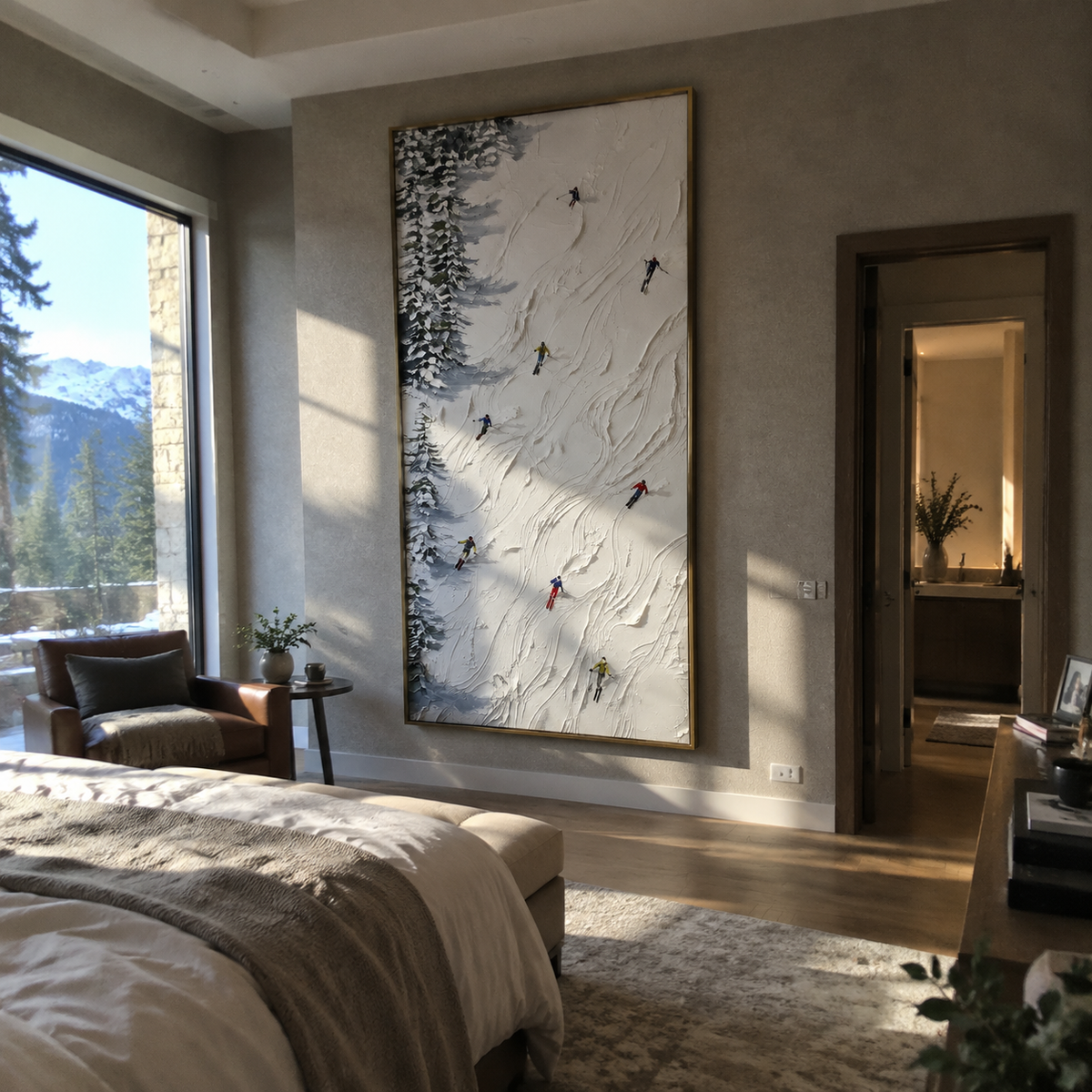 Glacier Ridge Skiers focuses on colored skiers crossing raised white snow tracks between dark pine edges. The artwork shows a winter ski scene built from the actual image: visible downhill figures, curved snow tracks, raised ridgelines, and alpine space arranged in a tall composition. The white, beige, blue palette gives the piece a cold mountain atmosphere while the thick impasto surface creates shadows along each snowbank, ski line, and textured ridge. This is presented as hand-painted