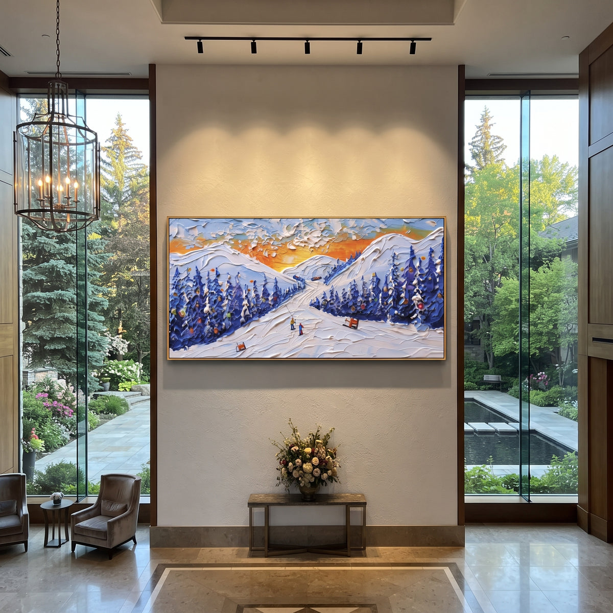Sunset Resort Ski Road focuses on a sunset ski road between deep blue pines with warm orange sky and small red cabins. The artwork shows a winter ski scene built from the actual image: visible downhill figures, curved snow tracks, raised ridgelines, and alpine space arranged in a wide composition. The orange, blue, white palette gives the piece a cold mountain atmosphere while the thick impasto surface creates shadows along each snowbank, ski line, and textured ridge. This is presented as