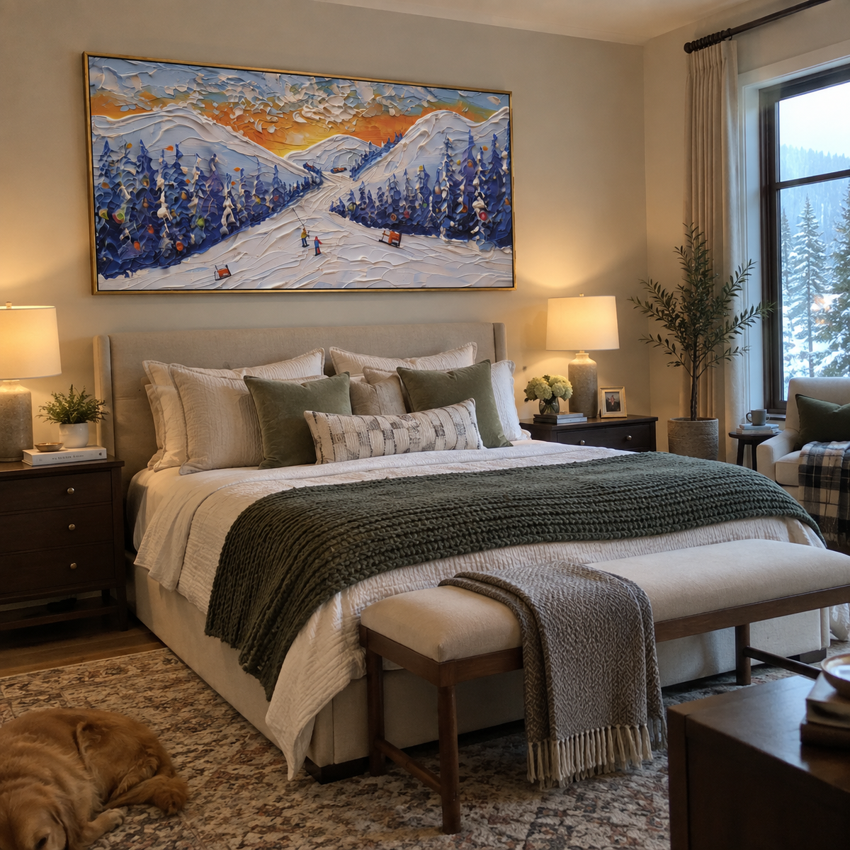 Sunset Resort Ski Road focuses on a sunset ski road between deep blue pines with warm orange sky and small red cabins. The artwork shows a winter ski scene built from the actual image: visible downhill figures, curved snow tracks, raised ridgelines, and alpine space arranged in a wide composition. The orange, blue, white palette gives the piece a cold mountain atmosphere while the thick impasto surface creates shadows along each snowbank, ski line, and textured ridge. This is presented as
