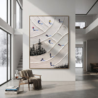 Ridge Snow Corridors focuses on a forest-framed ski descent with clustered pines and winding carved tracks. The artwork shows a winter ski scene built from the actual image: visible downhill figures, curved snow tracks, raised ridgelines, and alpine space arranged in a tall composition. The white, blue, gray palette gives the piece a cold mountain atmosphere while the thick impasto surface creates shadows along each snowbank, ski line, and textured ridge. This is presented as hand-painted