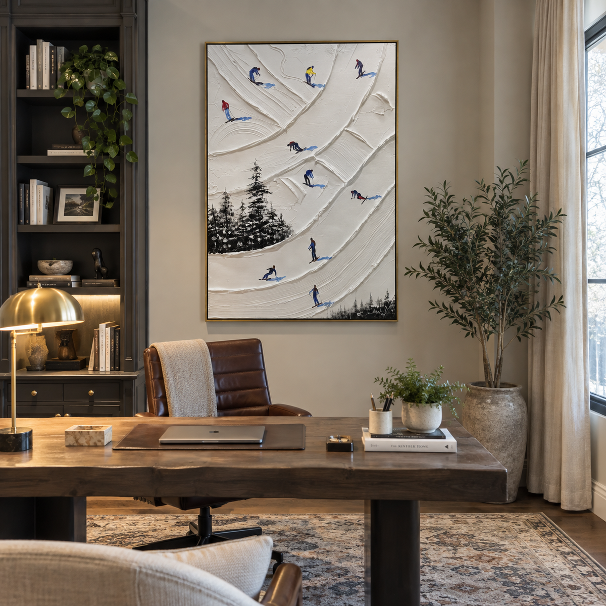 Ridge Snow Corridors focuses on a forest-framed ski descent with clustered pines and winding carved tracks. The artwork shows a winter ski scene built from the actual image: visible downhill figures, curved snow tracks, raised ridgelines, and alpine space arranged in a tall composition. The white, blue, gray palette gives the piece a cold mountain atmosphere while the thick impasto surface creates shadows along each snowbank, ski line, and textured ridge. This is presented as hand-painted