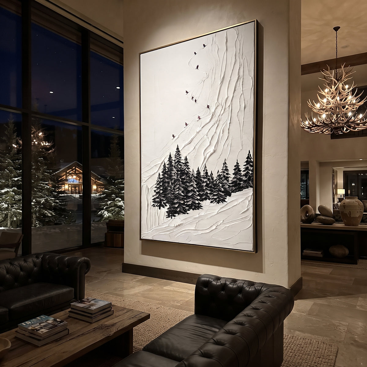 White Snow Trail focuses on a calm mountain basin with crisp tracks, snow shelves, and small skiers. The artwork shows a winter ski scene built from the actual image: visible downhill figures, curved snow tracks, raised ridgelines, and alpine space arranged in a tall composition. The white, gray, blue palette gives the piece a cold mountain atmosphere while the thick impasto surface creates shadows along each snowbank, ski line, and textured ridge. This is presented as hand-painted textured