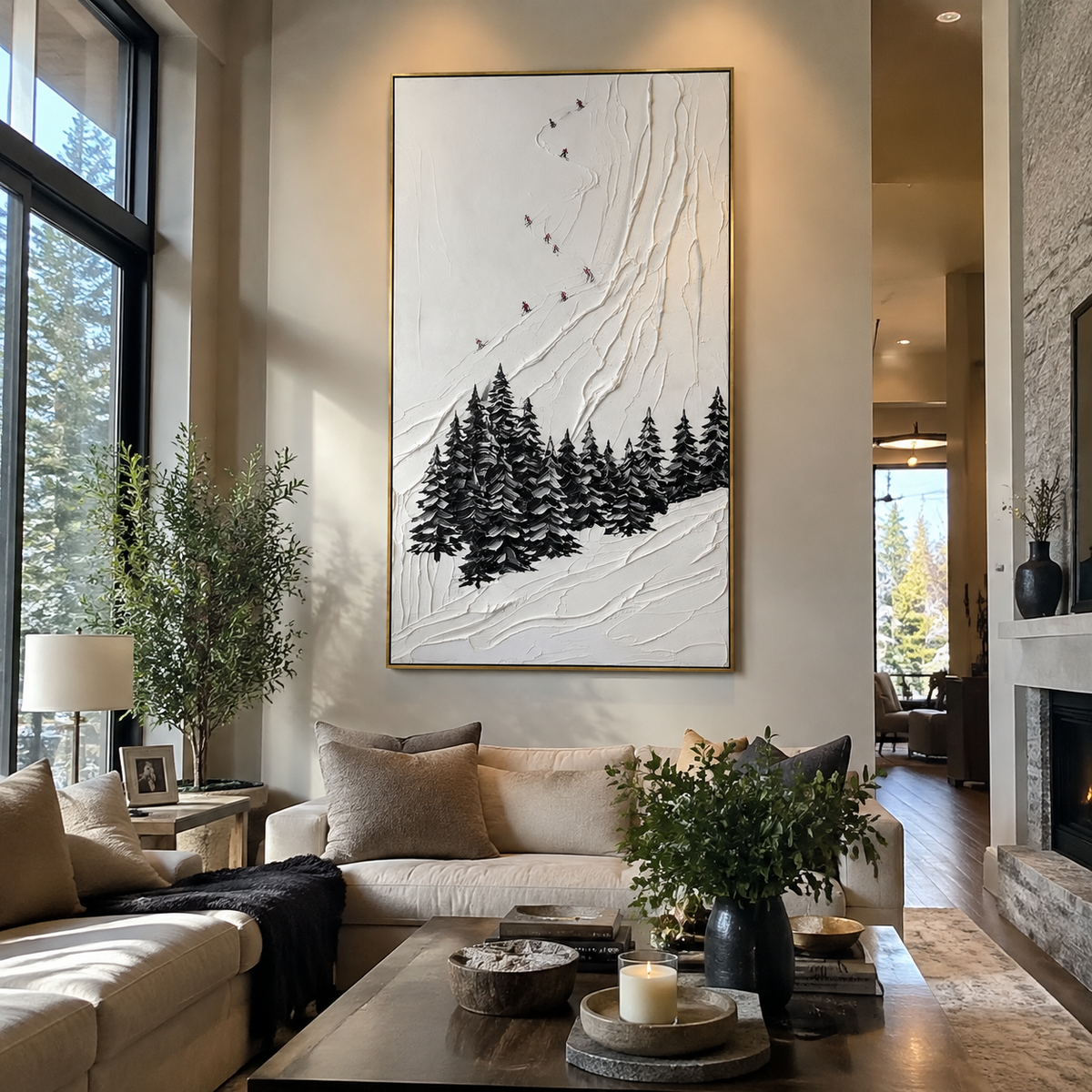 White Snow Trail focuses on a calm mountain basin with crisp tracks, snow shelves, and small skiers. The artwork shows a winter ski scene built from the actual image: visible downhill figures, curved snow tracks, raised ridgelines, and alpine space arranged in a tall composition. The white, gray, blue palette gives the piece a cold mountain atmosphere while the thick impasto surface creates shadows along each snowbank, ski line, and textured ridge. This is presented as hand-painted textured