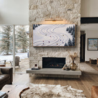 Blue Mountain Run focuses on a high alpine trail where tiny figures pass between textured snowbanks. The artwork shows a winter ski scene built from the actual image: visible downhill figures, curved snow tracks, raised ridgelines, and alpine space arranged in a wide composition. The white, gray, blue palette gives the piece a cold mountain atmosphere while the thick impasto surface creates shadows along each snowbank, ski line, and textured ridge. This is presented as hand-painted textured