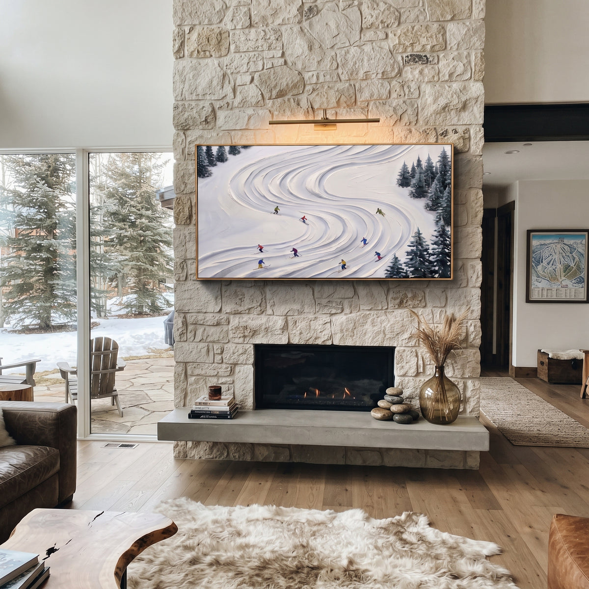 Blue Mountain Run focuses on a high alpine trail where tiny figures pass between textured snowbanks. The artwork shows a winter ski scene built from the actual image: visible downhill figures, curved snow tracks, raised ridgelines, and alpine space arranged in a wide composition. The white, gray, blue palette gives the piece a cold mountain atmosphere while the thick impasto surface creates shadows along each snowbank, ski line, and textured ridge. This is presented as hand-painted textured
