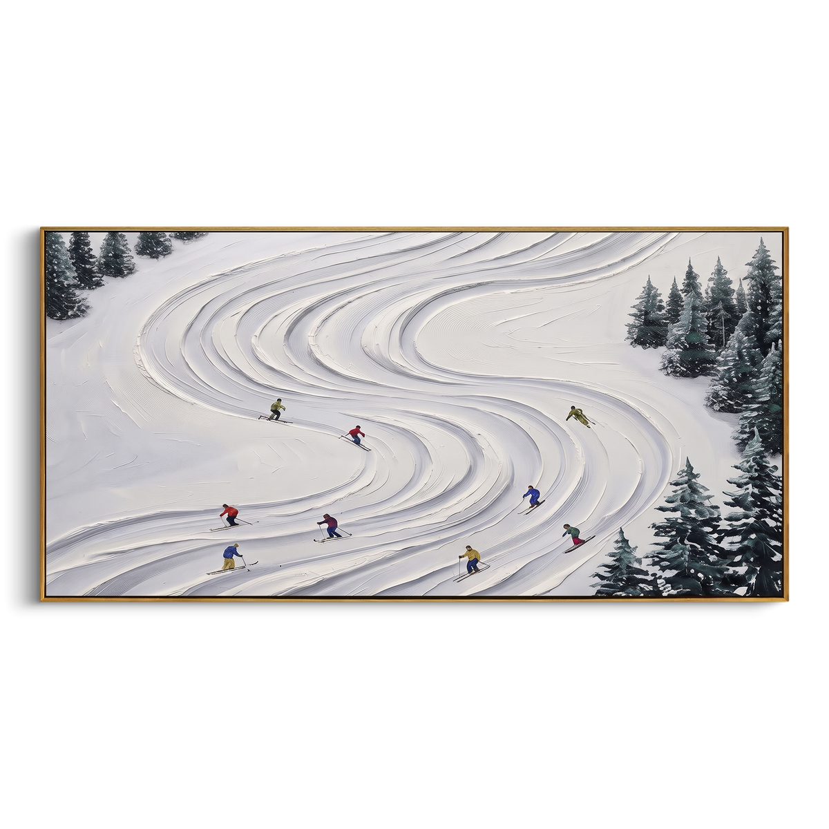 Blue Mountain Run focuses on a high alpine trail where tiny figures pass between textured snowbanks. The artwork shows a winter ski scene built from the actual image: visible downhill figures, curved snow tracks, raised ridgelines, and alpine space arranged in a wide composition. The white, gray, blue palette gives the piece a cold mountain atmosphere while the thick impasto surface creates shadows along each snowbank, ski line, and textured ridge. This is presented as hand-painted textured