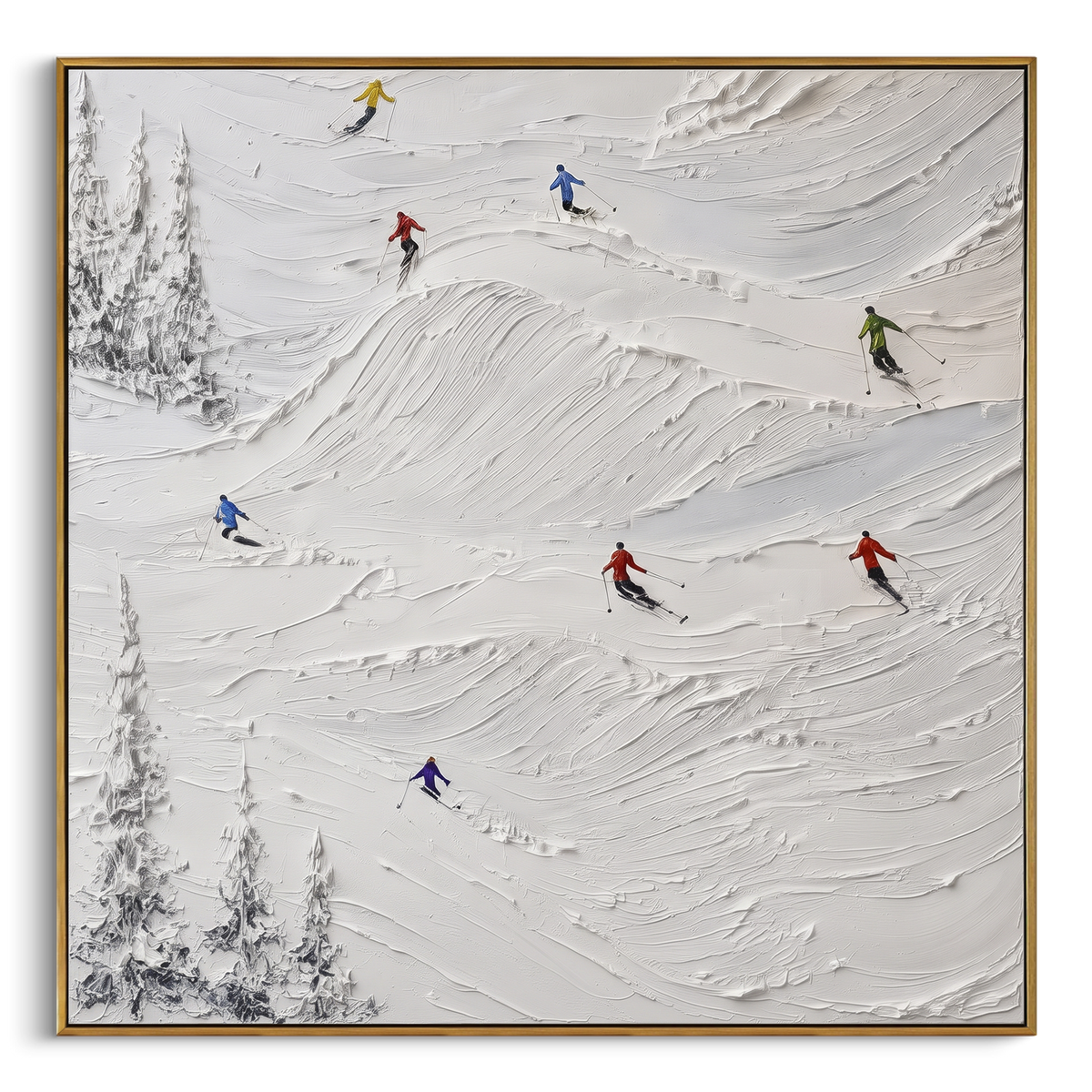 Quiet Ski Traverse focuses on layered snow ridges, visible ski marks, and a quiet pine border. The artwork shows a winter ski scene built from the actual image: visible downhill figures, curved snow tracks, raised ridgelines, and alpine space arranged in a balanced composition. The white, black, gray palette gives the piece a cold mountain atmosphere while the thick impasto surface creates shadows along each snowbank, ski line, and textured ridge. This is presented as hand-painted textured