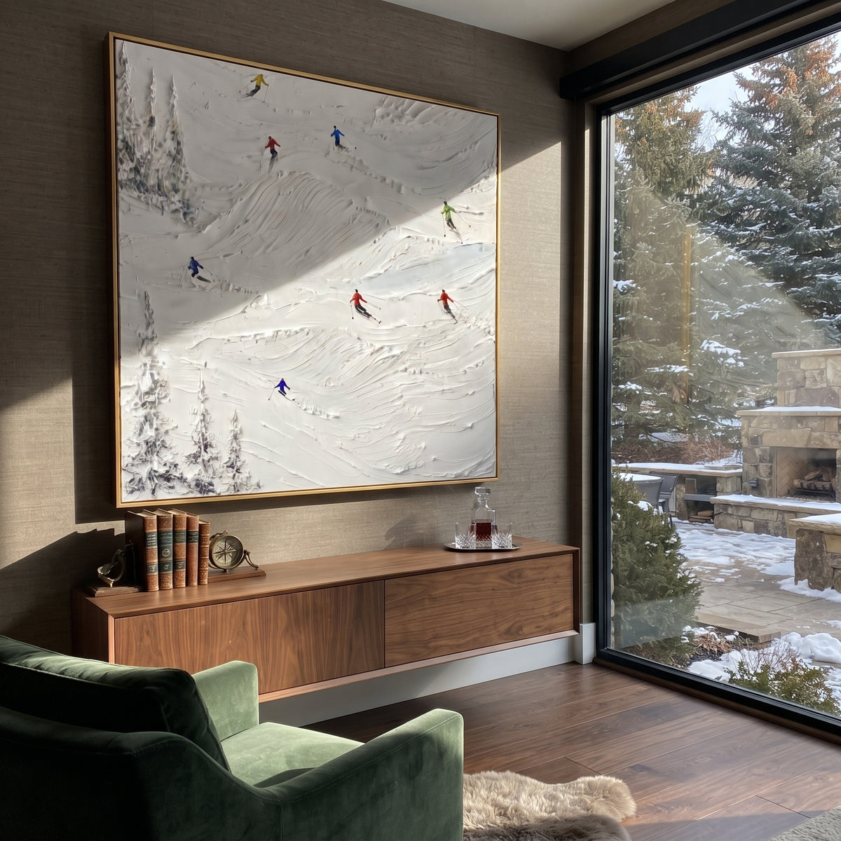 Quiet Ski Traverse focuses on layered snow ridges, visible ski marks, and a quiet pine border. The artwork shows a winter ski scene built from the actual image: visible downhill figures, curved snow tracks, raised ridgelines, and alpine space arranged in a balanced composition. The white, black, gray palette gives the piece a cold mountain atmosphere while the thick impasto surface creates shadows along each snowbank, ski line, and textured ridge. This is presented as hand-painted textured