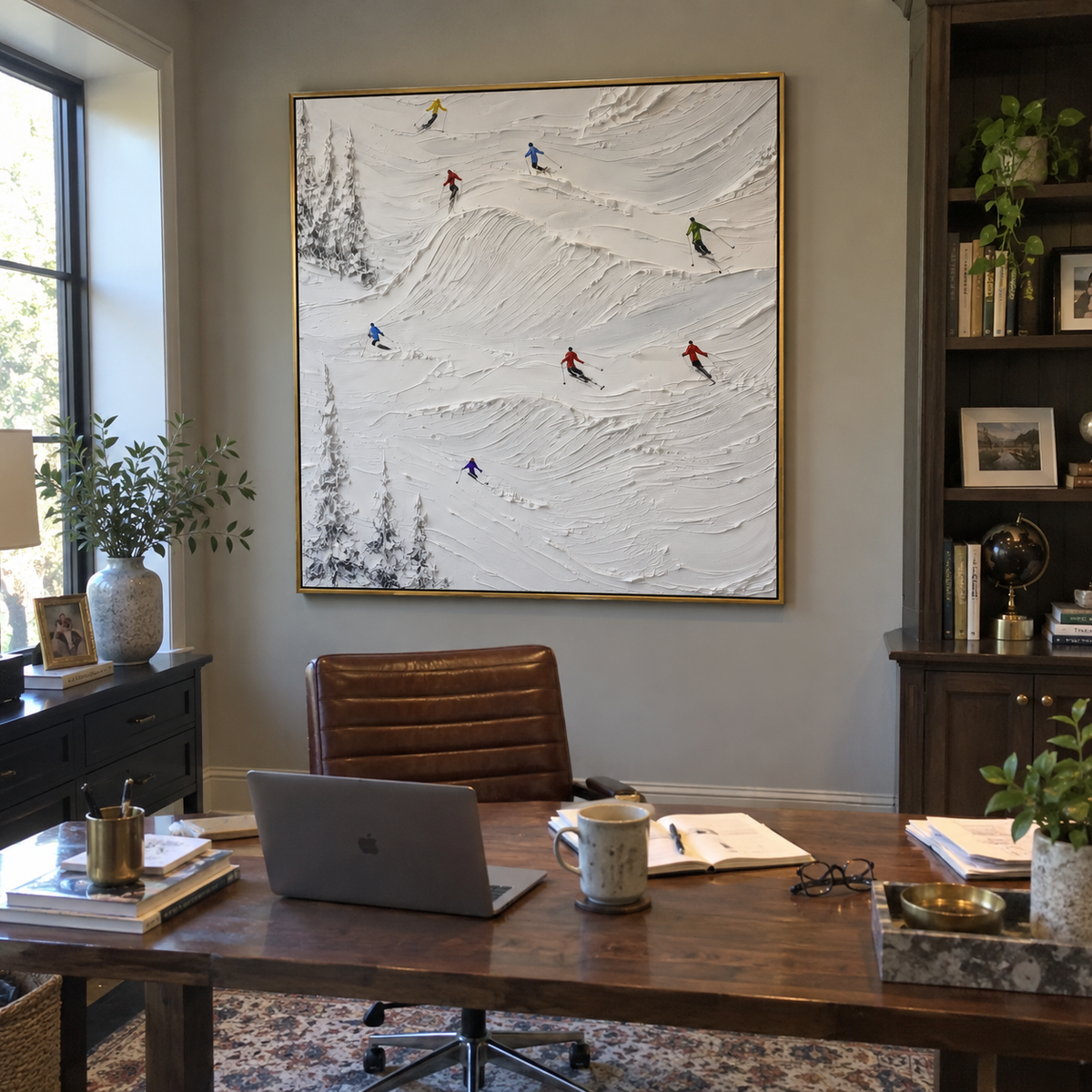 Quiet Ski Traverse focuses on layered snow ridges, visible ski marks, and a quiet pine border. The artwork shows a winter ski scene built from the actual image: visible downhill figures, curved snow tracks, raised ridgelines, and alpine space arranged in a balanced composition. The white, black, gray palette gives the piece a cold mountain atmosphere while the thick impasto surface creates shadows along each snowbank, ski line, and textured ridge. This is presented as hand-painted textured
