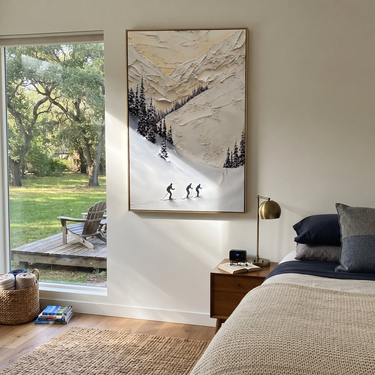 Carved Ski Tracks focuses on a forest-framed ski descent with clustered pines and winding carved tracks. The artwork shows a winter ski scene built from the actual image: visible downhill figures, curved snow tracks, raised ridgelines, and alpine space arranged in a tall composition. The white, beige, blue palette gives the piece a cold mountain atmosphere while the thick impasto surface creates shadows along each snowbank, ski line, and textured ridge. This is presented as hand-painted textured