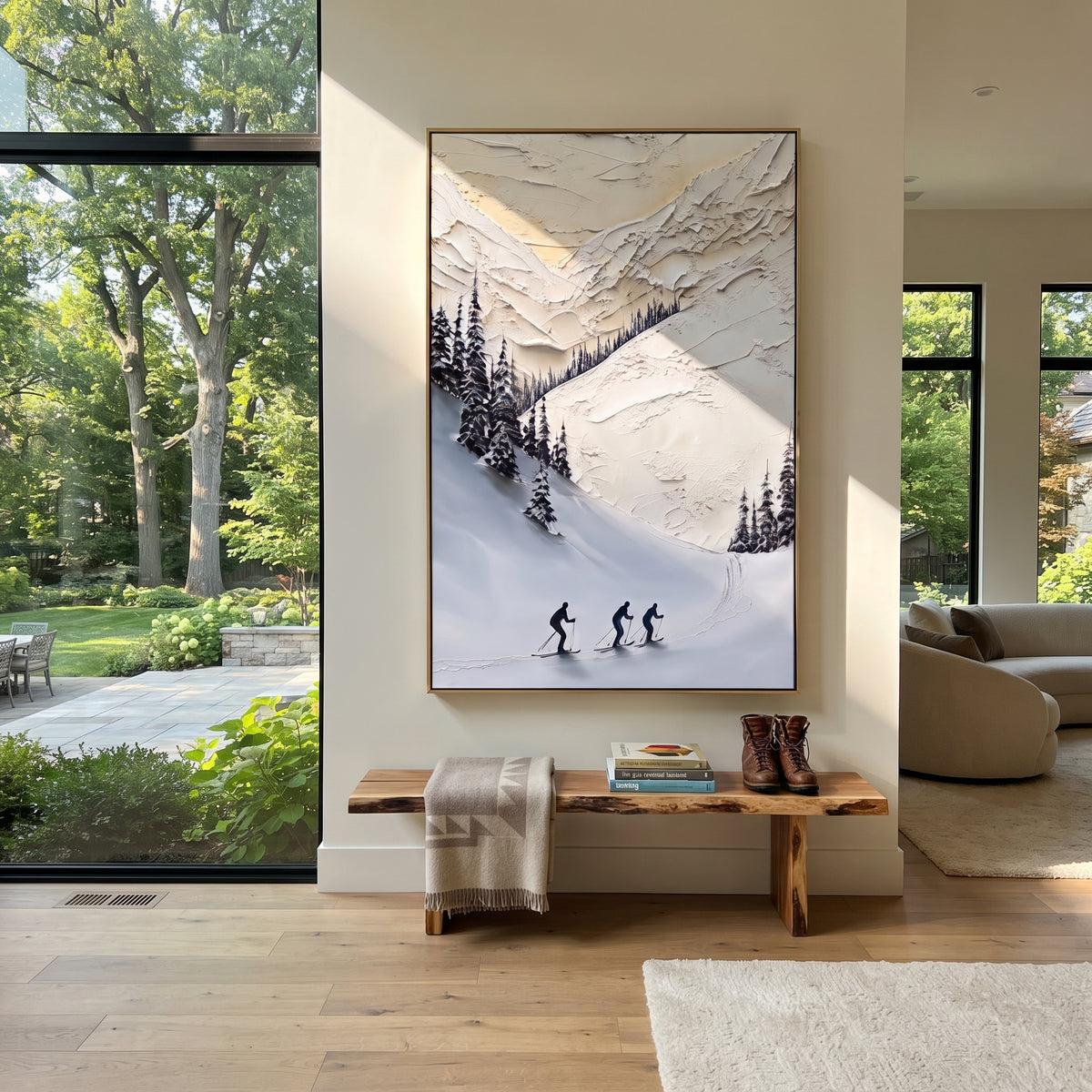 Carved Ski Tracks focuses on a forest-framed ski descent with clustered pines and winding carved tracks. The artwork shows a winter ski scene built from the actual image: visible downhill figures, curved snow tracks, raised ridgelines, and alpine space arranged in a tall composition. The white, beige, blue palette gives the piece a cold mountain atmosphere while the thick impasto surface creates shadows along each snowbank, ski line, and textured ridge. This is presented as hand-painted textured
