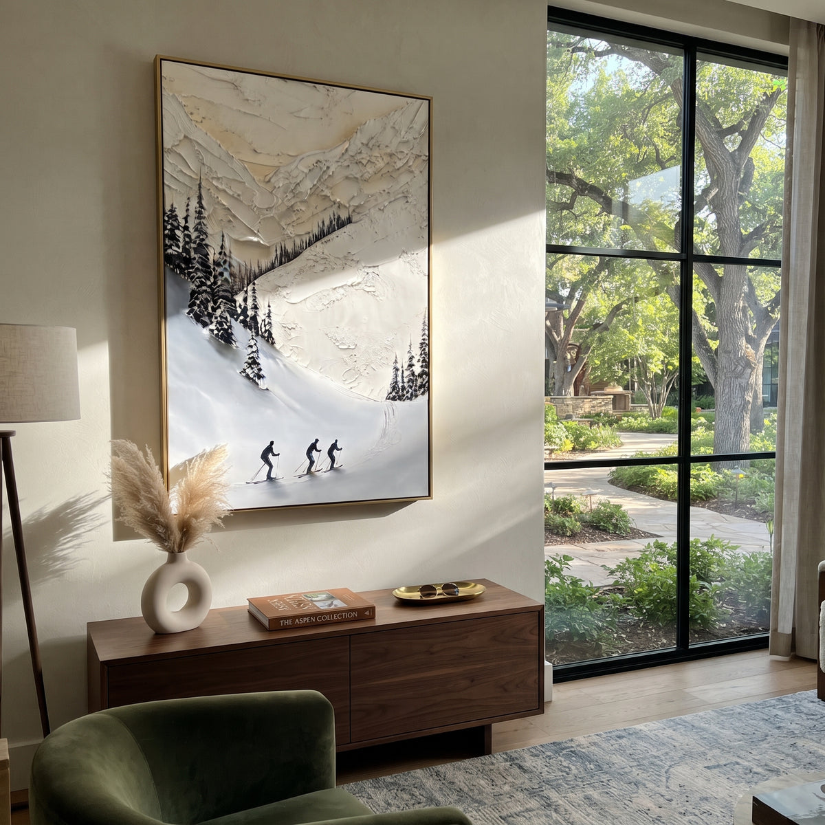 Carved Ski Tracks focuses on a forest-framed ski descent with clustered pines and winding carved tracks. The artwork shows a winter ski scene built from the actual image: visible downhill figures, curved snow tracks, raised ridgelines, and alpine space arranged in a tall composition. The white, beige, blue palette gives the piece a cold mountain atmosphere while the thick impasto surface creates shadows along each snowbank, ski line, and textured ridge. This is presented as hand-painted textured