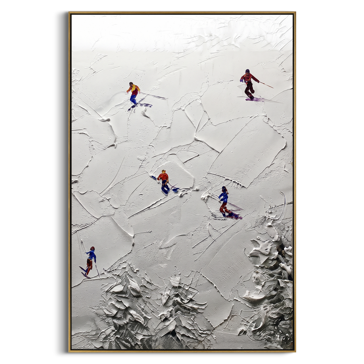 Silver Mountain Run With Blue Tracks focuses on a calm mountain basin with crisp tracks, snow shelves, and small skiers. The artwork shows a winter ski scene built from the actual image: visible downhill figures, curved snow tracks, raised ridgelines, and alpine space arranged in a tall composition. The blue, white, orange palette gives the piece a cold mountain atmosphere while the thick impasto surface creates shadows along each snowbank, ski line, and textured ridge. This is presented as