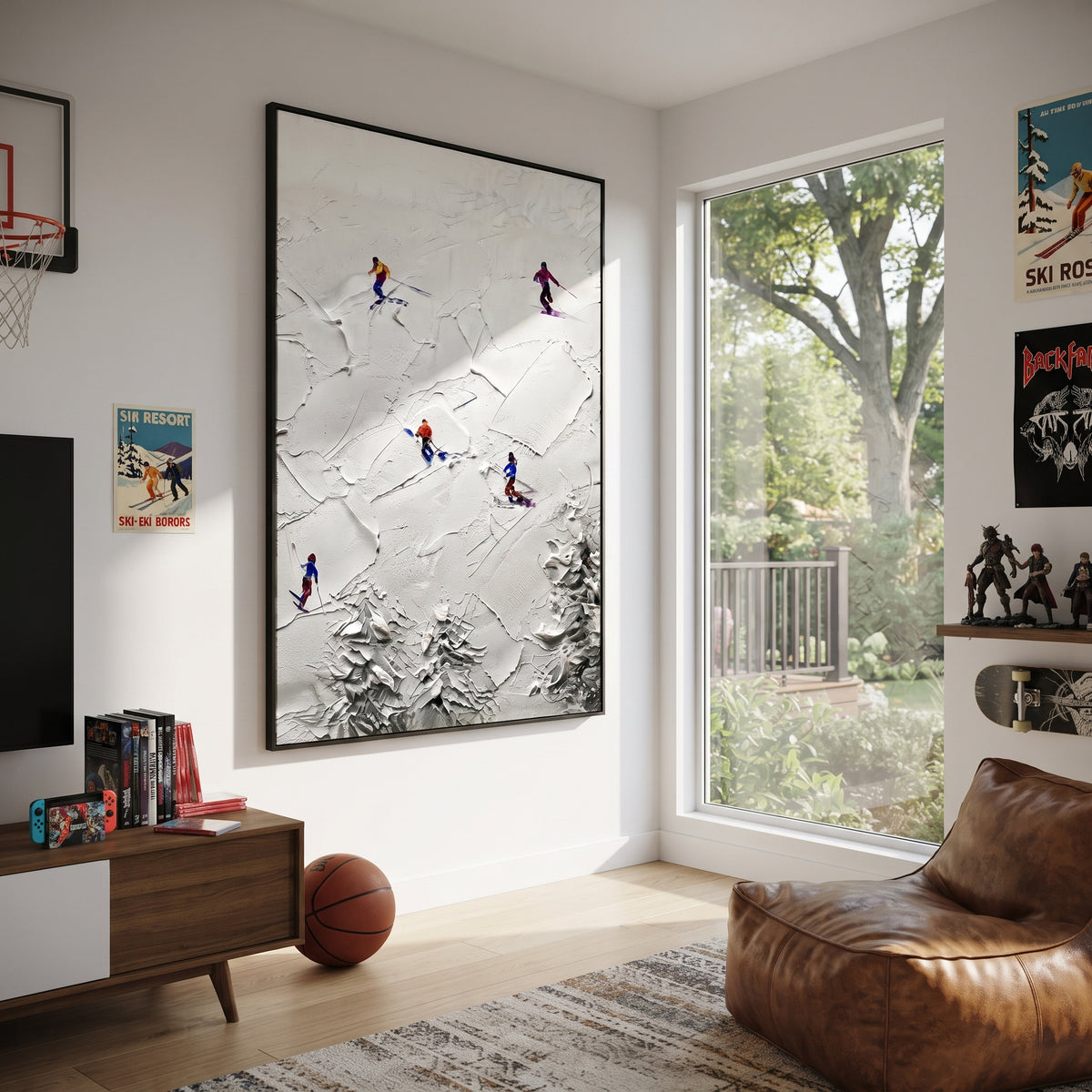 Silver Mountain Run With Blue Tracks focuses on a calm mountain basin with crisp tracks, snow shelves, and small skiers. The artwork shows a winter ski scene built from the actual image: visible downhill figures, curved snow tracks, raised ridgelines, and alpine space arranged in a tall composition. The blue, white, orange palette gives the piece a cold mountain atmosphere while the thick impasto surface creates shadows along each snowbank, ski line, and textured ridge. This is presented as