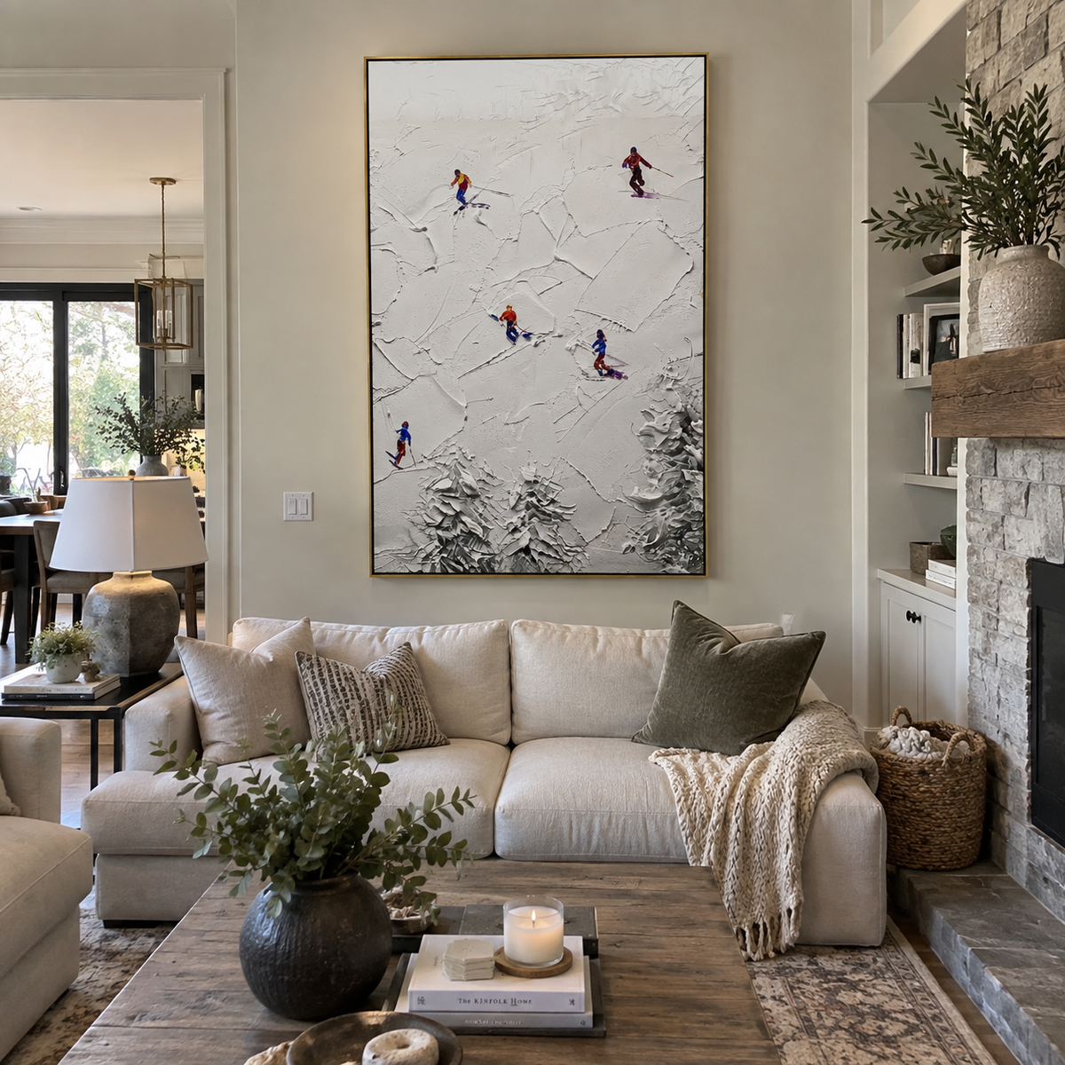 Silver Mountain Run With Blue Tracks focuses on a calm mountain basin with crisp tracks, snow shelves, and small skiers. The artwork shows a winter ski scene built from the actual image: visible downhill figures, curved snow tracks, raised ridgelines, and alpine space arranged in a tall composition. The blue, white, orange palette gives the piece a cold mountain atmosphere while the thick impasto surface creates shadows along each snowbank, ski line, and textured ridge. This is presented as