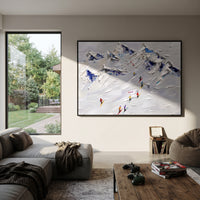 North Winter Slope focuses on colored skiers crossing raised white snow tracks between dark pine edges. The artwork shows a winter ski scene built from the actual image: visible downhill figures, curved snow tracks, raised ridgelines, and alpine space arranged in a wide composition. The white, blue, gray palette gives the piece a cold mountain atmosphere while the thick impasto surface creates shadows along each snowbank, ski line, and textured ridge. This is presented as hand-painted textured