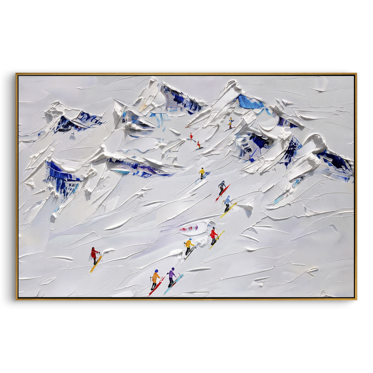 North Winter Slope focuses on colored skiers crossing raised white snow tracks between dark pine edges. The artwork shows a winter ski scene built from the actual image: visible downhill figures, curved snow tracks, raised ridgelines, and alpine space arranged in a wide composition. The white, blue, gray palette gives the piece a cold mountain atmosphere while the thick impasto surface creates shadows along each snowbank, ski line, and textured ridge. This is presented as hand-painted textured