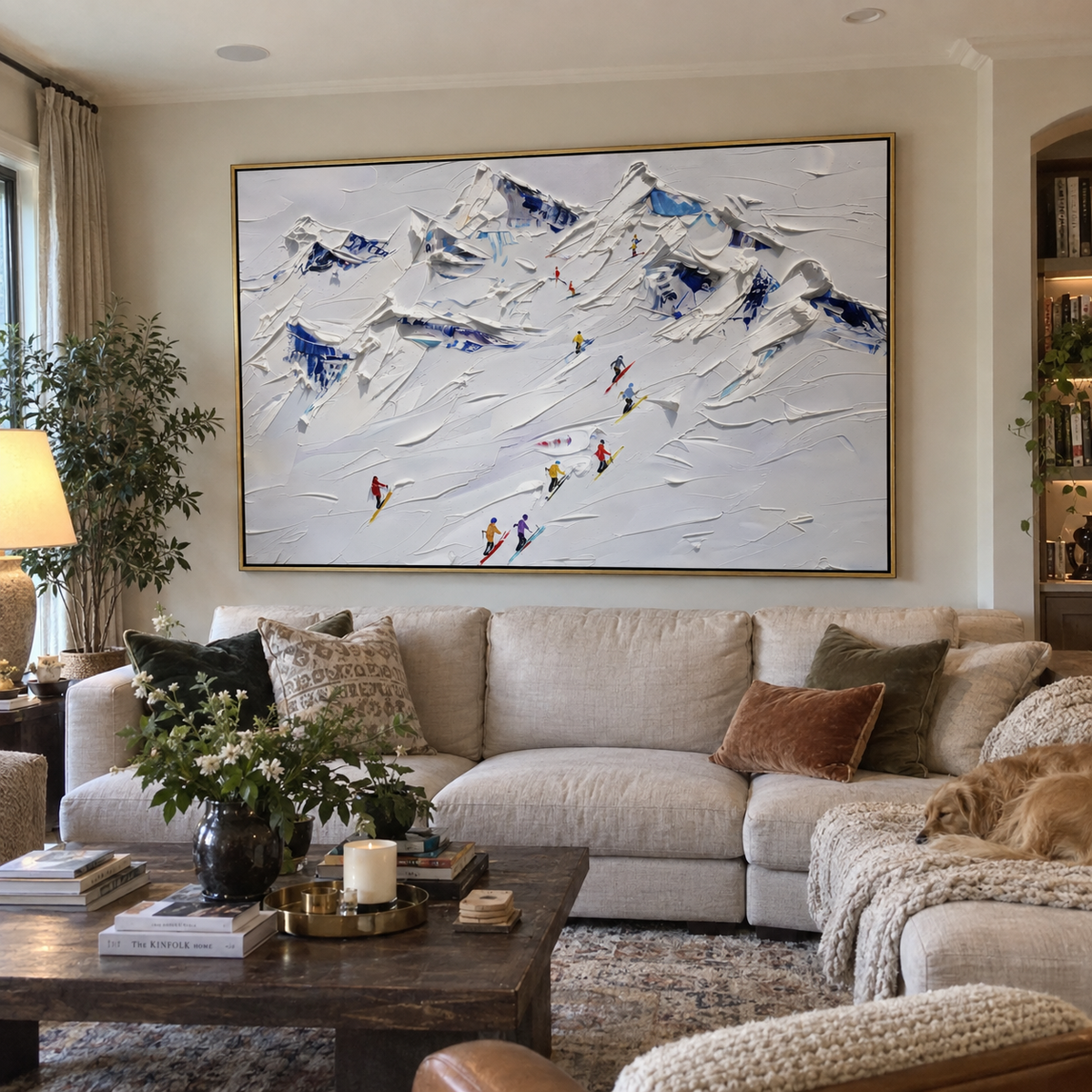 North Winter Slope focuses on colored skiers crossing raised white snow tracks between dark pine edges. The artwork shows a winter ski scene built from the actual image: visible downhill figures, curved snow tracks, raised ridgelines, and alpine space arranged in a wide composition. The white, blue, gray palette gives the piece a cold mountain atmosphere while the thick impasto surface creates shadows along each snowbank, ski line, and textured ridge. This is presented as hand-painted textured