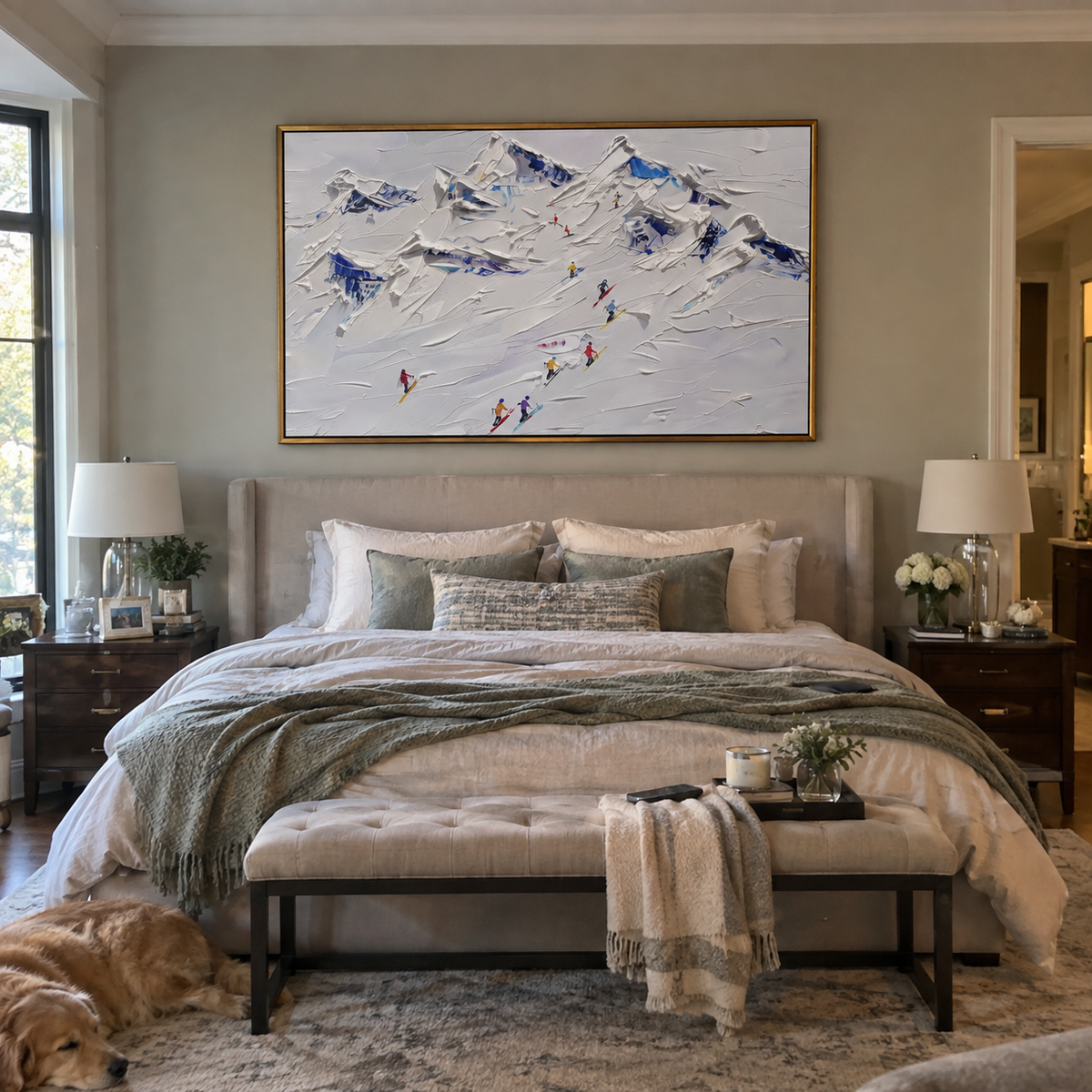 North Winter Slope focuses on colored skiers crossing raised white snow tracks between dark pine edges. The artwork shows a winter ski scene built from the actual image: visible downhill figures, curved snow tracks, raised ridgelines, and alpine space arranged in a wide composition. The white, blue, gray palette gives the piece a cold mountain atmosphere while the thick impasto surface creates shadows along each snowbank, ski line, and textured ridge. This is presented as hand-painted textured