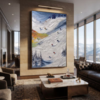 Cold Ski Run With Pine Shadows focuses on layered snow ridges, visible ski marks, and a quiet pine border. The artwork shows a winter ski scene built from the actual image: visible downhill figures, curved snow tracks, raised ridgelines, and alpine space arranged in a tall composition. The white, gray, blue palette gives the piece a cold mountain atmosphere while the thick impasto surface creates shadows along each snowbank, ski line, and textured ridge. This is presented as hand-painted