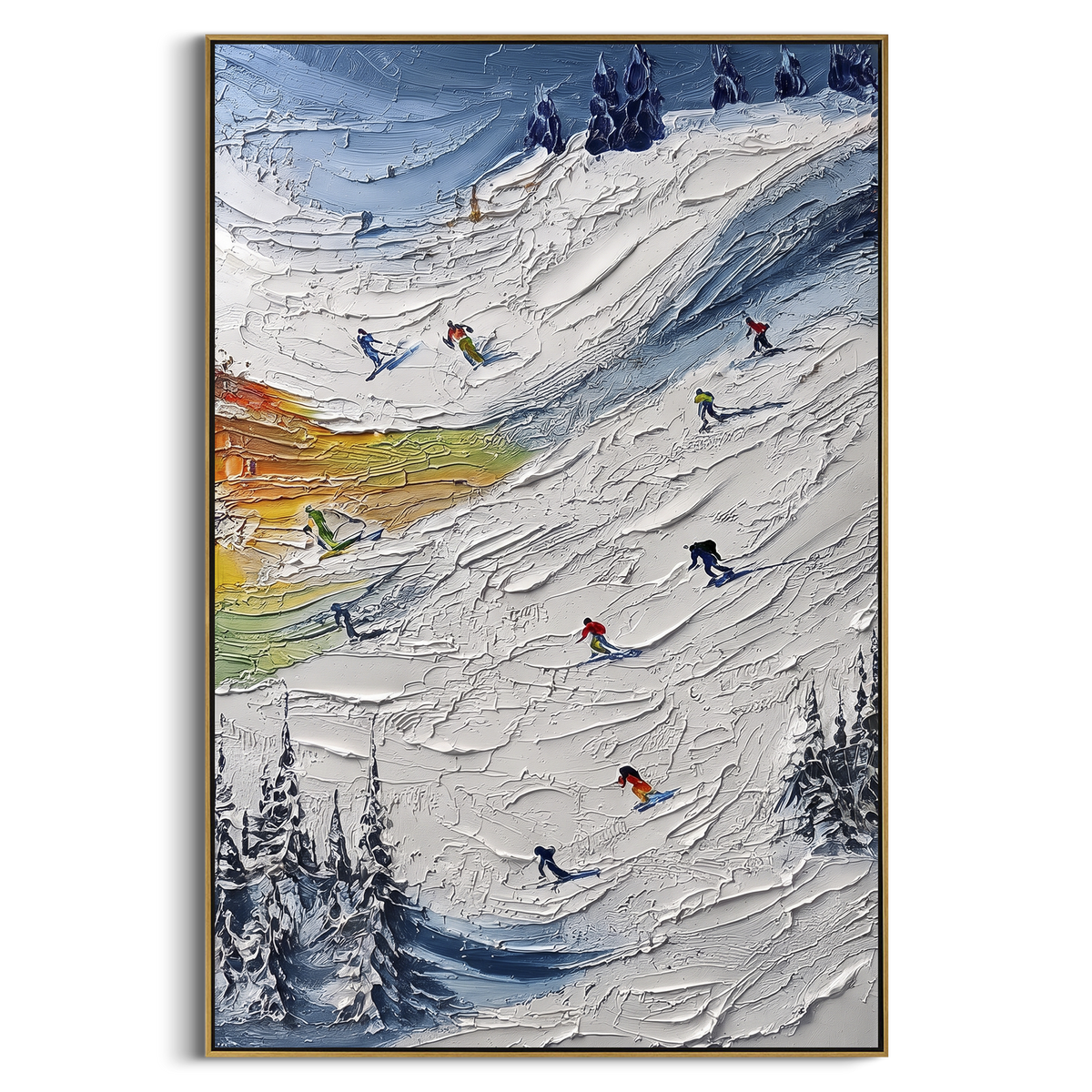 "Cold Ski Run With Pine Shadows" - Modern Heavy Impasto Landscape Artwork | White & Gray Palette Knife Painting | Luxury Vertical Wall Art #PT 2479