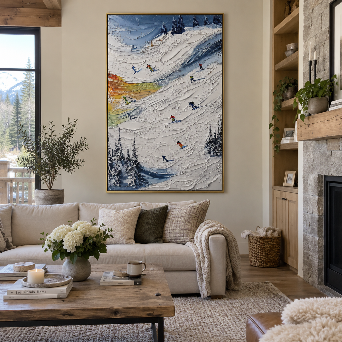 Cold Ski Run With Pine Shadows focuses on layered snow ridges, visible ski marks, and a quiet pine border. The artwork shows a winter ski scene built from the actual image: visible downhill figures, curved snow tracks, raised ridgelines, and alpine space arranged in a tall composition. The white, gray, blue palette gives the piece a cold mountain atmosphere while the thick impasto surface creates shadows along each snowbank, ski line, and textured ridge. This is presented as hand-painted
