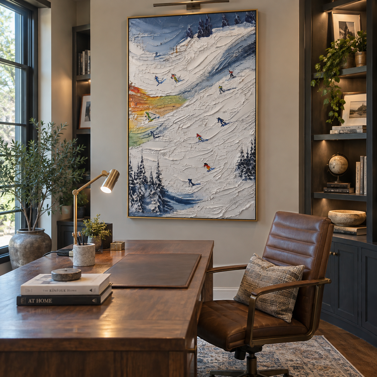 Cold Ski Run With Pine Shadows focuses on layered snow ridges, visible ski marks, and a quiet pine border. The artwork shows a winter ski scene built from the actual image: visible downhill figures, curved snow tracks, raised ridgelines, and alpine space arranged in a tall composition. The white, gray, blue palette gives the piece a cold mountain atmosphere while the thick impasto surface creates shadows along each snowbank, ski line, and textured ridge. This is presented as hand-painted