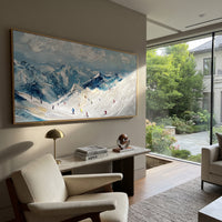 Crystal Powder Path With Pine Shadows focuses on a forest-framed ski descent with clustered pines and winding carved tracks. The artwork shows a winter ski scene built from the actual image: visible downhill figures, curved snow tracks, raised ridgelines, and alpine space arranged in a wide composition. The white, green, blue palette gives the piece a cold mountain atmosphere while the thick impasto surface creates shadows along each snowbank, ski line, and textured ridge. This is presented as