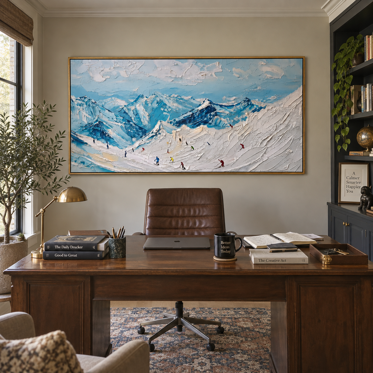 Crystal Powder Path With Pine Shadows focuses on a forest-framed ski descent with clustered pines and winding carved tracks. The artwork shows a winter ski scene built from the actual image: visible downhill figures, curved snow tracks, raised ridgelines, and alpine space arranged in a wide composition. The white, green, blue palette gives the piece a cold mountain atmosphere while the thick impasto surface creates shadows along each snowbank, ski line, and textured ridge. This is presented as