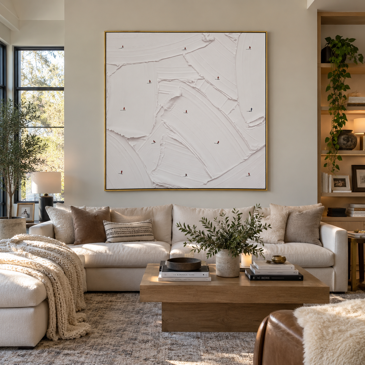 Birch Ski Valley With Pine Shadows focuses on a calm mountain basin with crisp tracks, snow shelves, and small skiers. The artwork shows a winter ski scene built from the actual image: visible downhill figures, curved snow tracks, raised ridgelines, and alpine space arranged in a balanced composition. The white, black, gray palette gives the piece a cold mountain atmosphere while the thick impasto surface creates shadows along each snowbank, ski line, and textured ridge. This is presented as